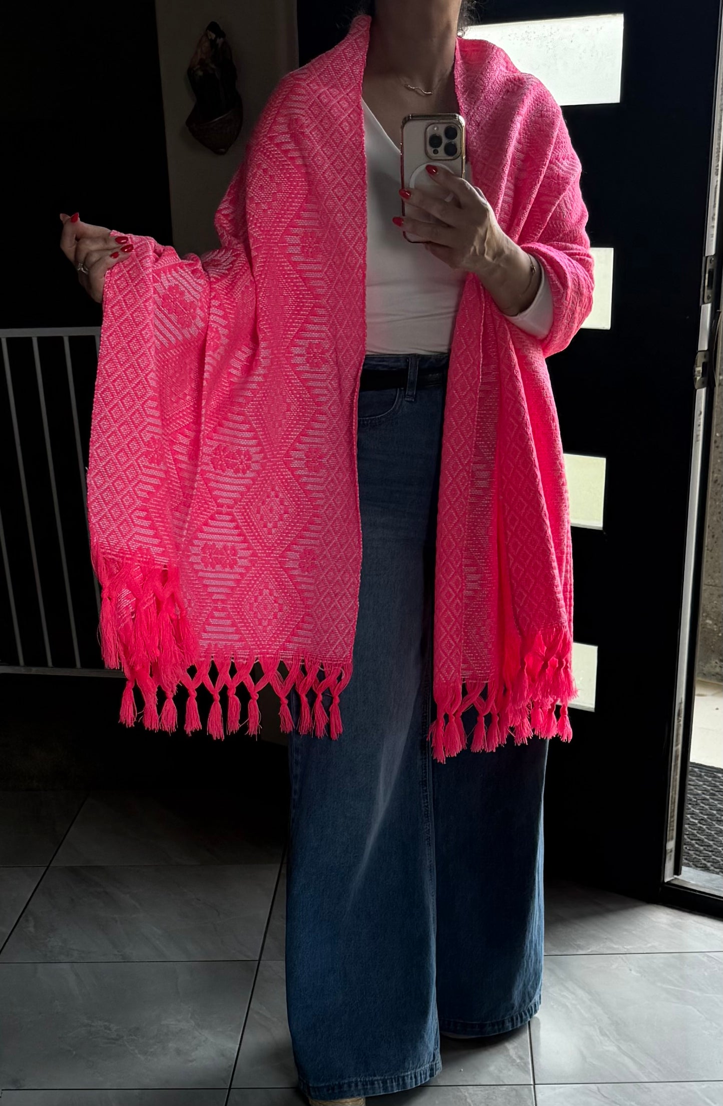Mexican Rebozo Shawl Hot Pink & White Handwoven Artisan Wrap – Authentic Mexican Scarf from Puebla
