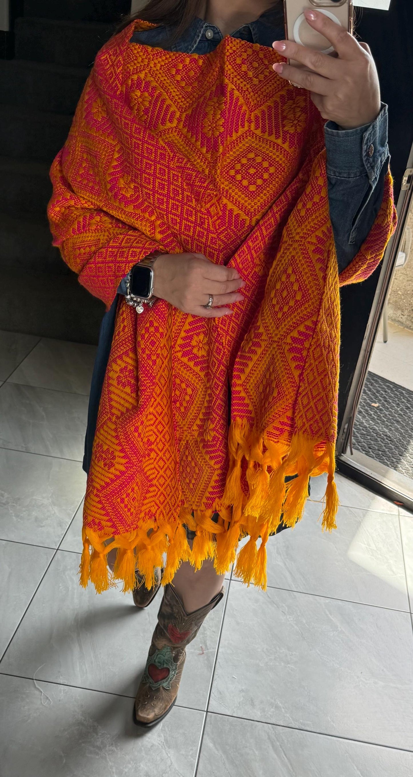 Handwoven Mexican Rebozo with pechera – Pink  | yellow |  Shawl from Puebla | 80x28 in | CasaArtMex