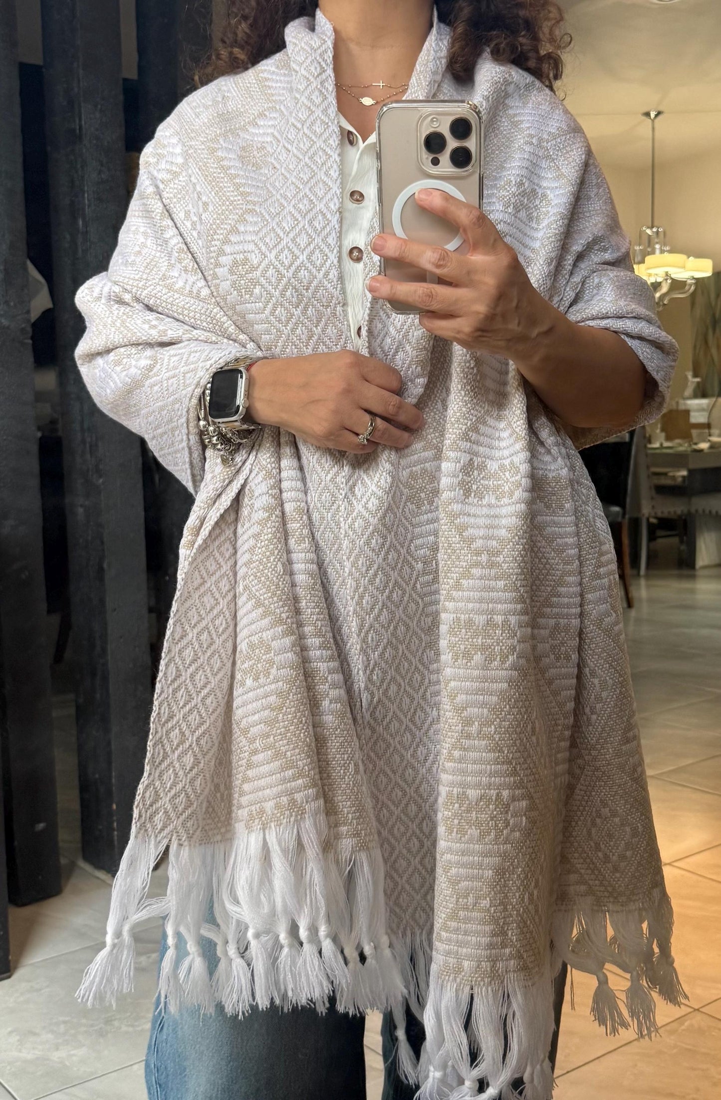 Traditional Handwoven Mexican Rebozo Shawl from Puebla |White & Khaki Loom-Woven Shawl | 80x28 in | CasaArtMex