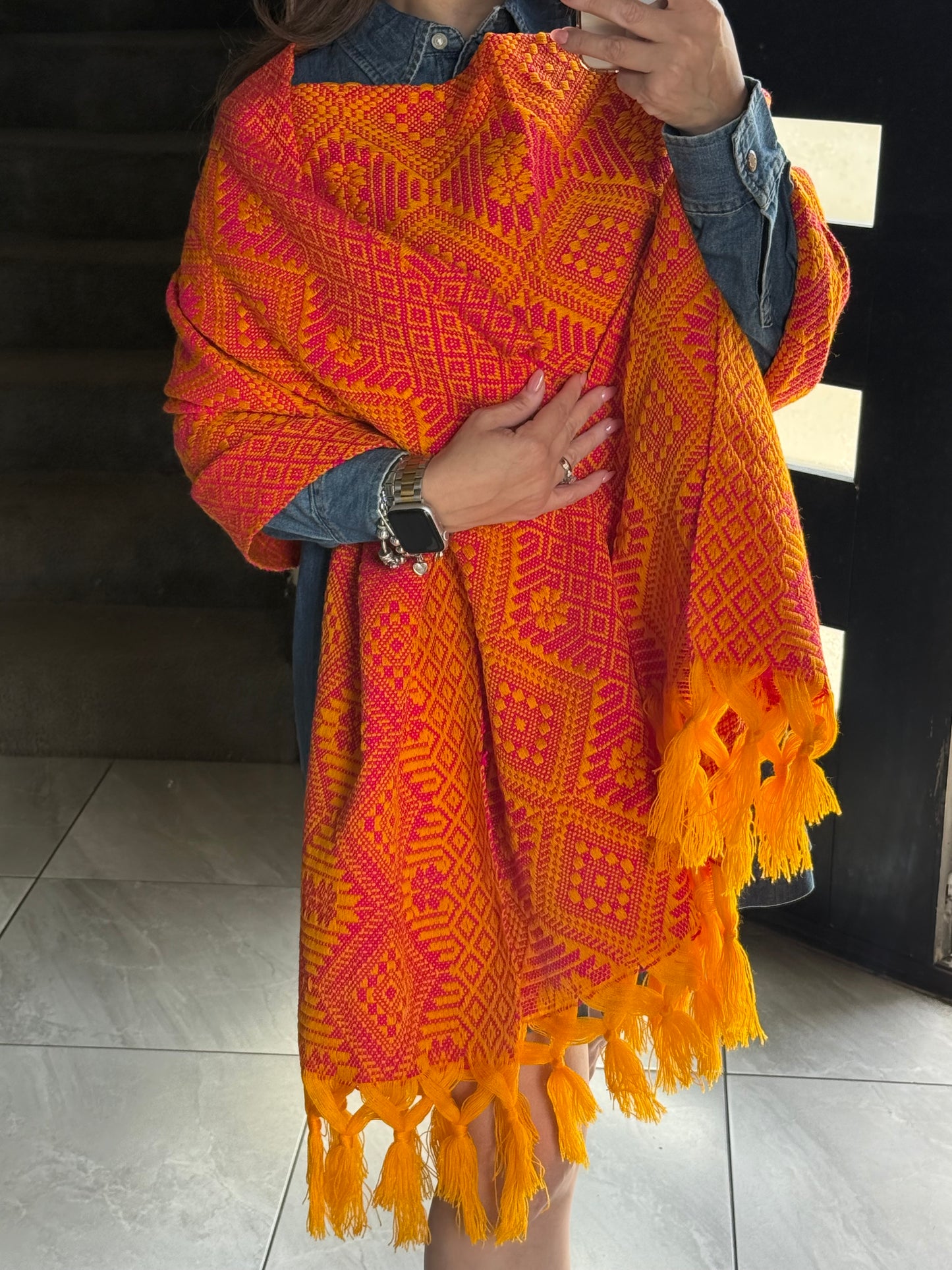 Mexican Woven Rebozo with Chest Panel – Artisan-Made Traditional Shawl – Unique Design (Copy)