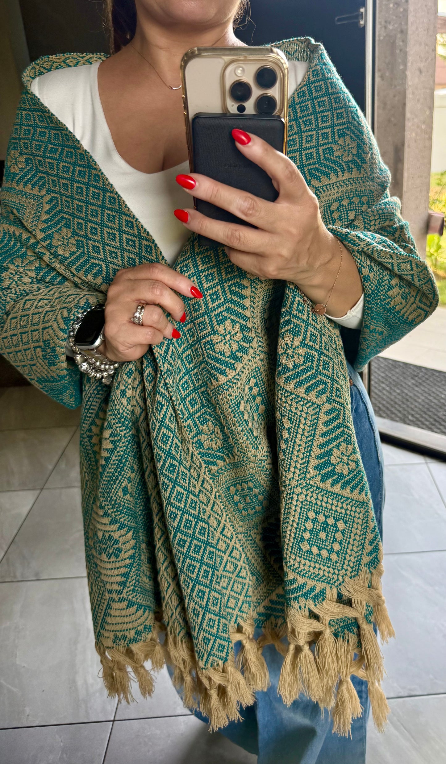 Traditional Handwoven Mexican Rebozo Shawl from Puebla | Khaki and Green | 80x28 in | CasaArtMex