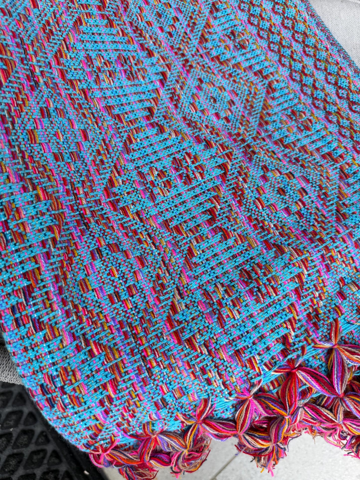 Mexican Rebozo with front panel – Turquoise Multicolor Shawl from Puebla | 80x28 in | CasaArtMex