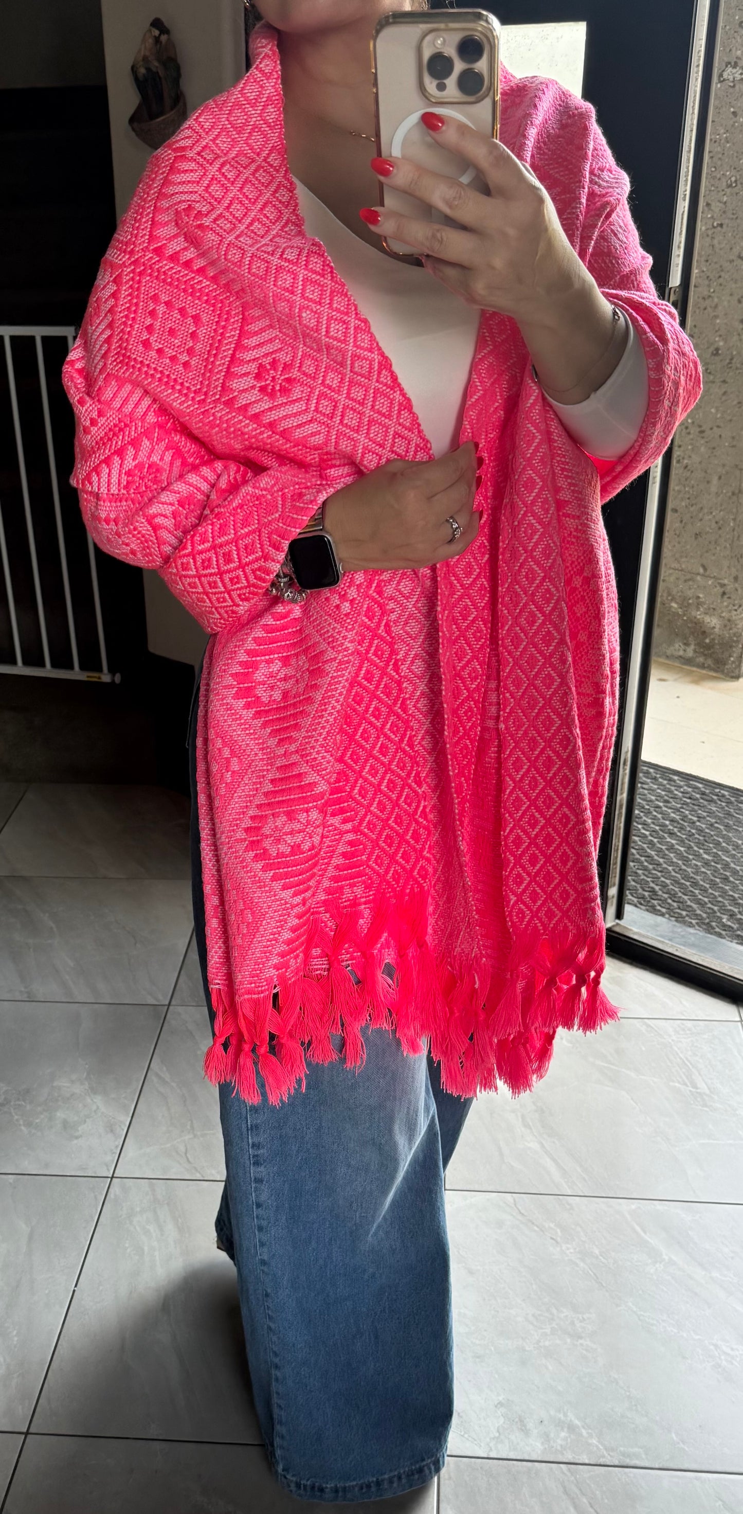 Mexican Rebozo Shawl Hot Pink & White Handwoven Artisan Wrap – Authentic Mexican Scarf from Puebla