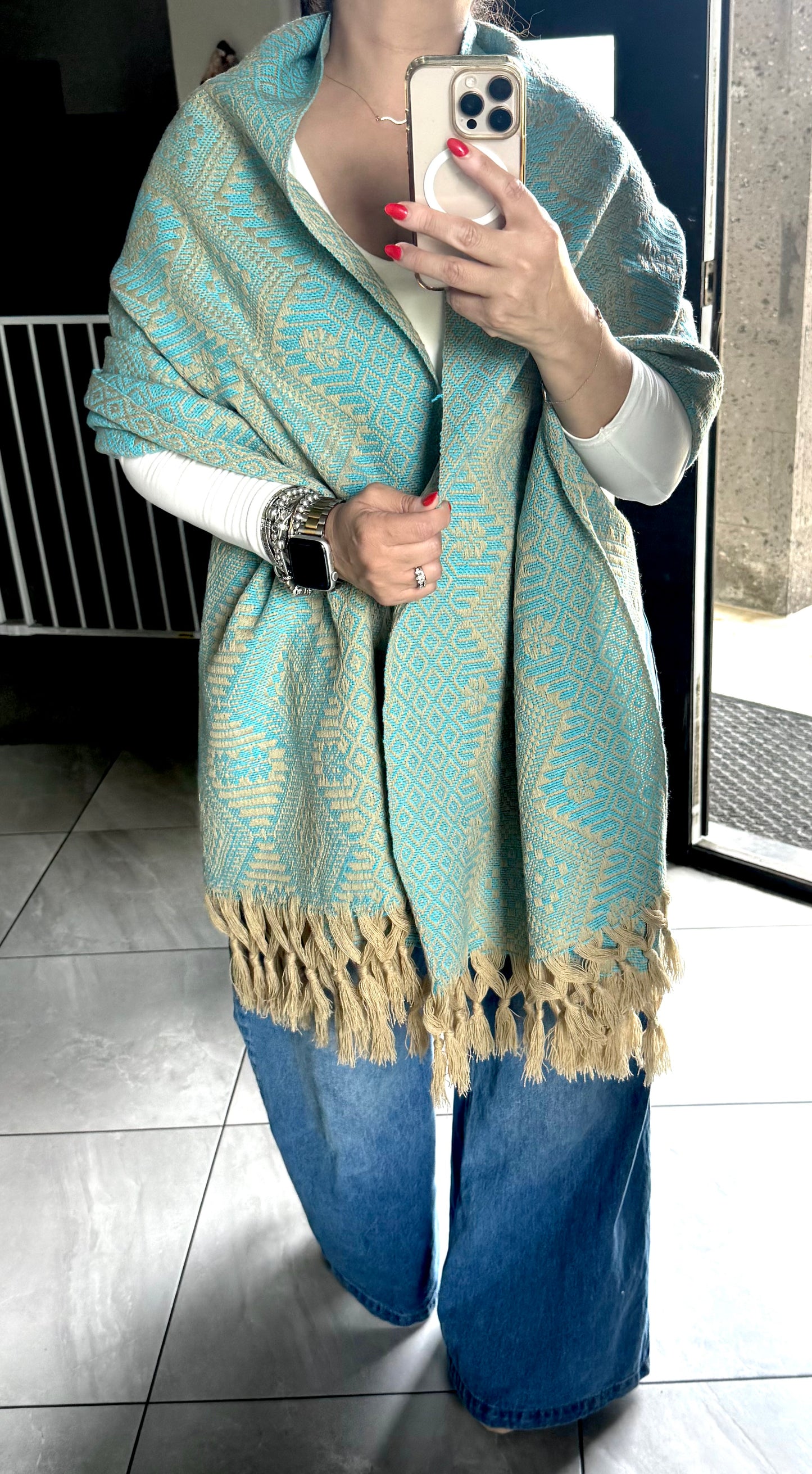 Mexican Rebozo Shawl Khaki and Turquoise Handwoven Artisan Wrap – Authentic Mexican Scarf from Puebla