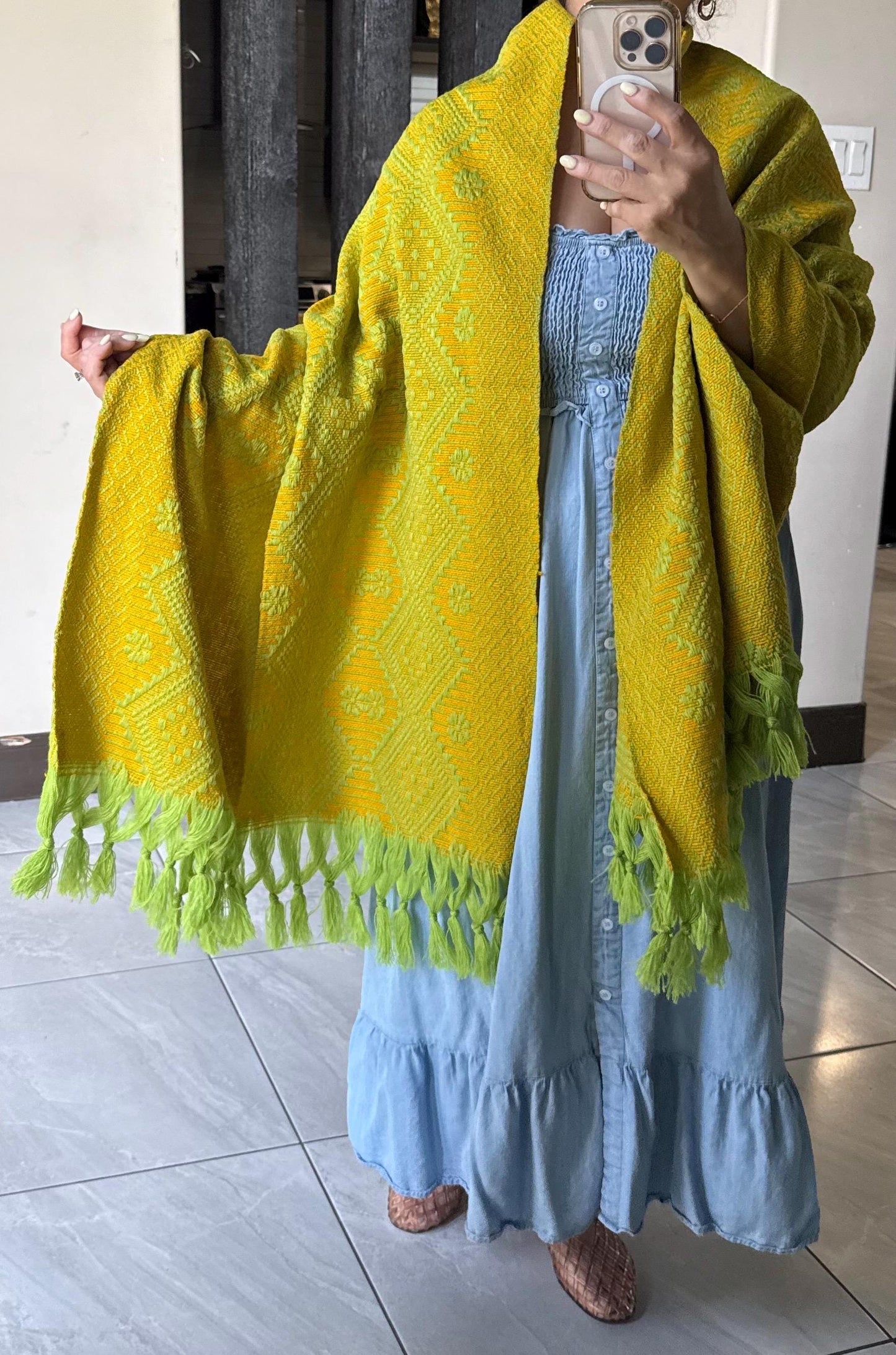 Handwoven Mexican Rebozo Shawl | Green | Cempasúchil Yellow,