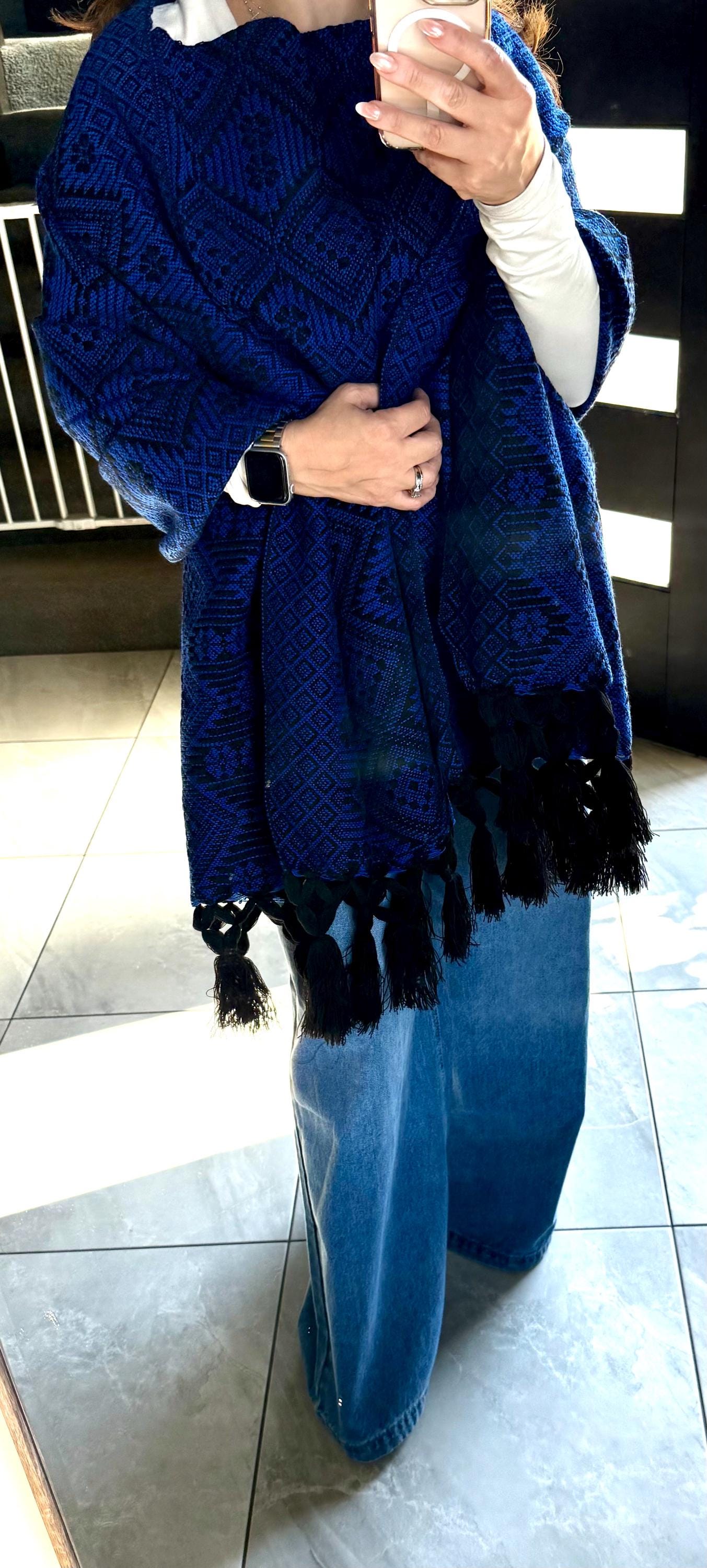 Handwoven Mexican Rebozo Shawl - Black & Blue Artisan Wrap
