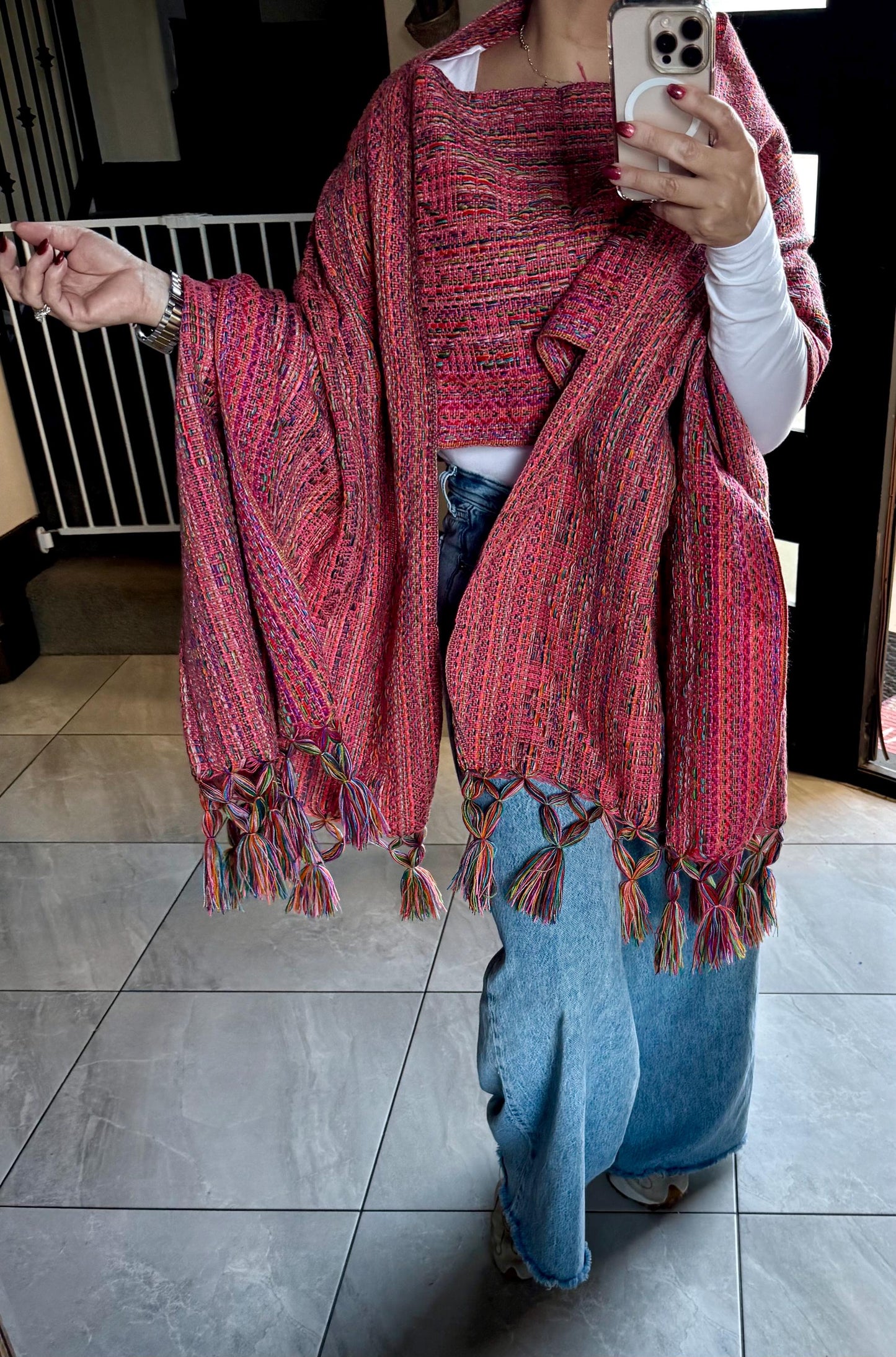 Mexican Rebozo Shawl with panel – Pink Multicolor Artisan Wrap from Puebla