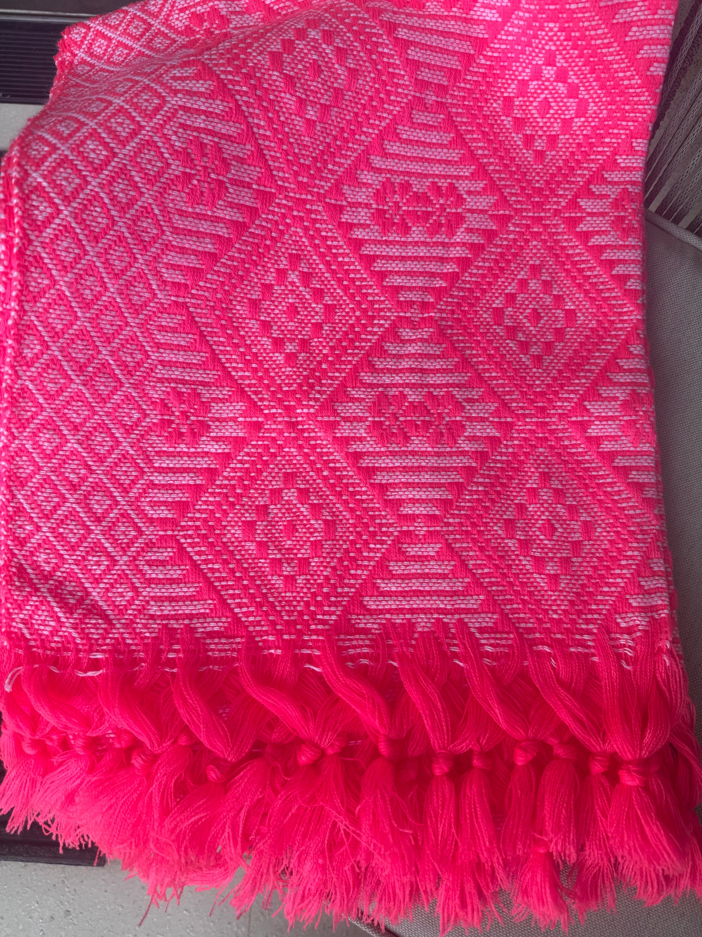 Mexican Rebozo Shawl Hot Pink & White Handwoven Artisan Wrap – Authentic Mexican Scarf from Puebla