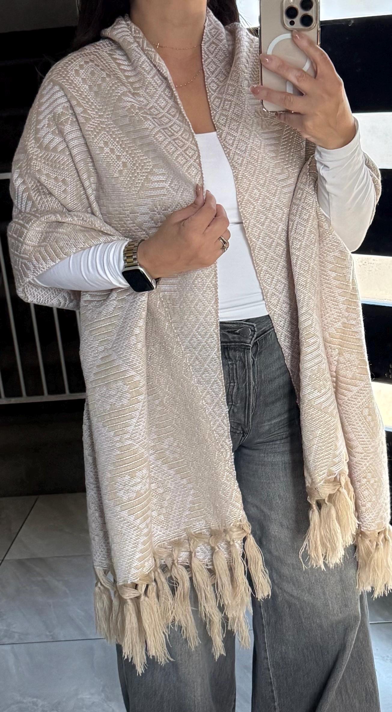 Traditional Handwoven Mexican Rebozo Khaki & White Shawl from Puebla | Loom-Woven Shawl | 80x28 in | CasaArtMex