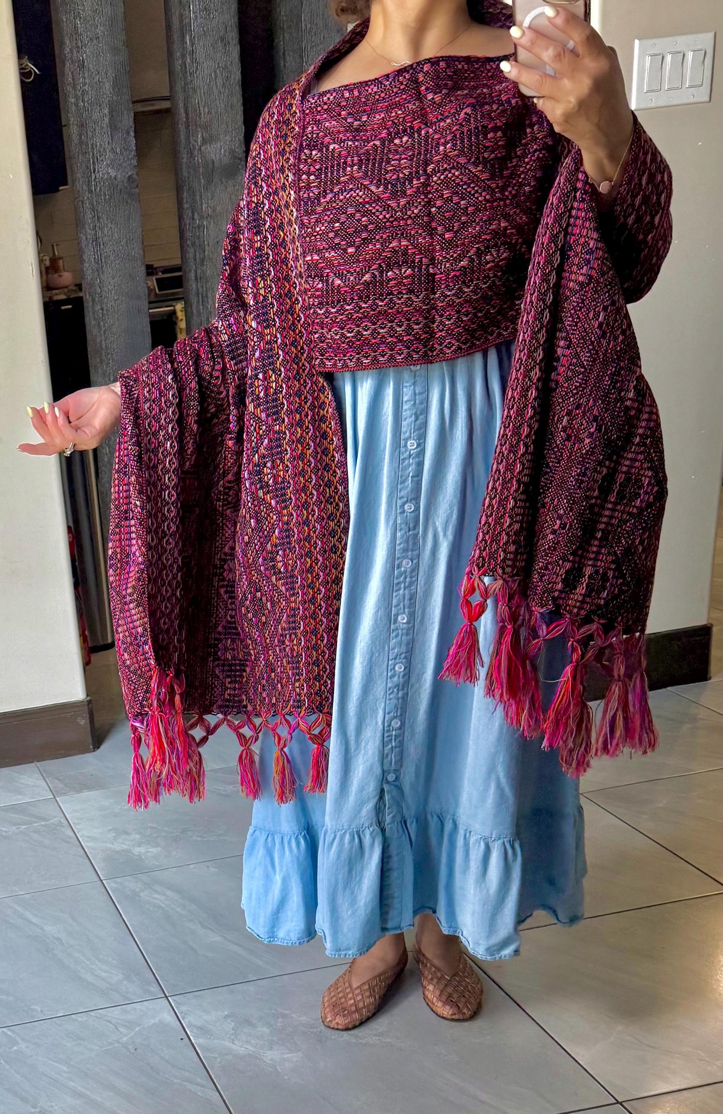 Mexican Rebozo with front panel – Black Multicolor Shawl from Puebla | 80x28 in | CasaArtMex