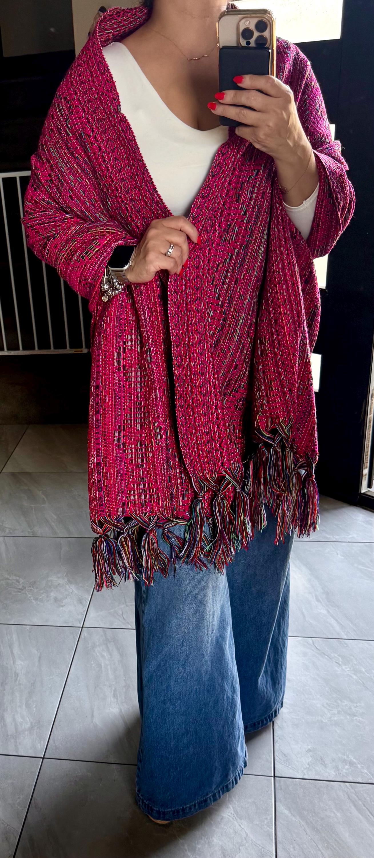 Mexican Rebozo  with front panel – Rosa Mexicano | Multicolor Shawl from Puebla | 80x28 in | CasaArtMex