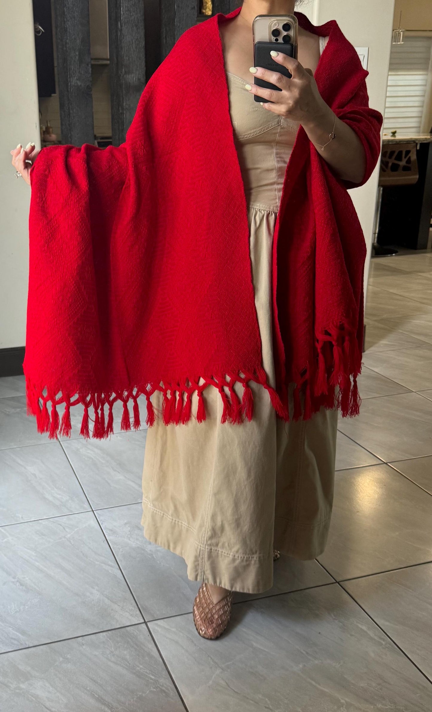 Traditional Handwoven Mexican Red Rebozo Shawl from Puebla | Loom-Woven Shawl | 80x28 in | CasaArtMex