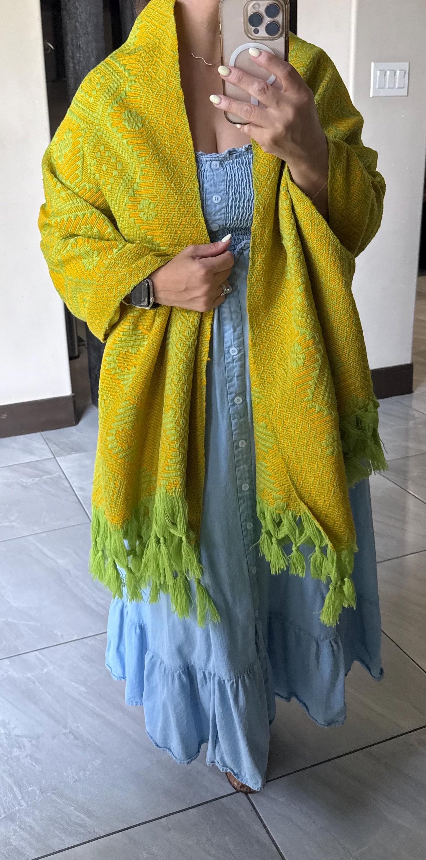 Handwoven Mexican Rebozo Shawl | Green | Cempasúchil Yellow,