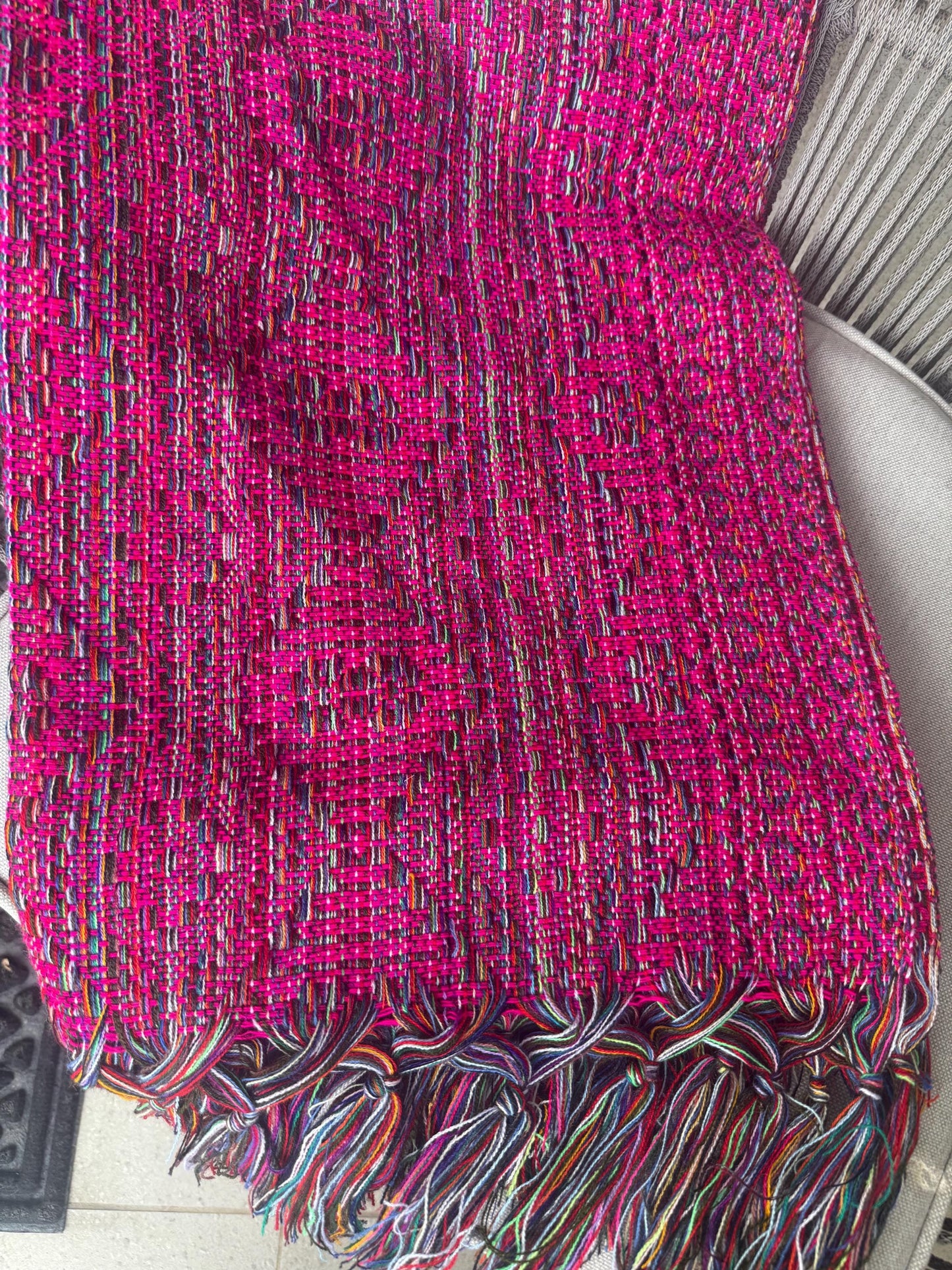 Mexican Rebozo  with front panel – Rosa Mexicano | Multicolor Shawl from Puebla | 80x28 in | CasaArtMex