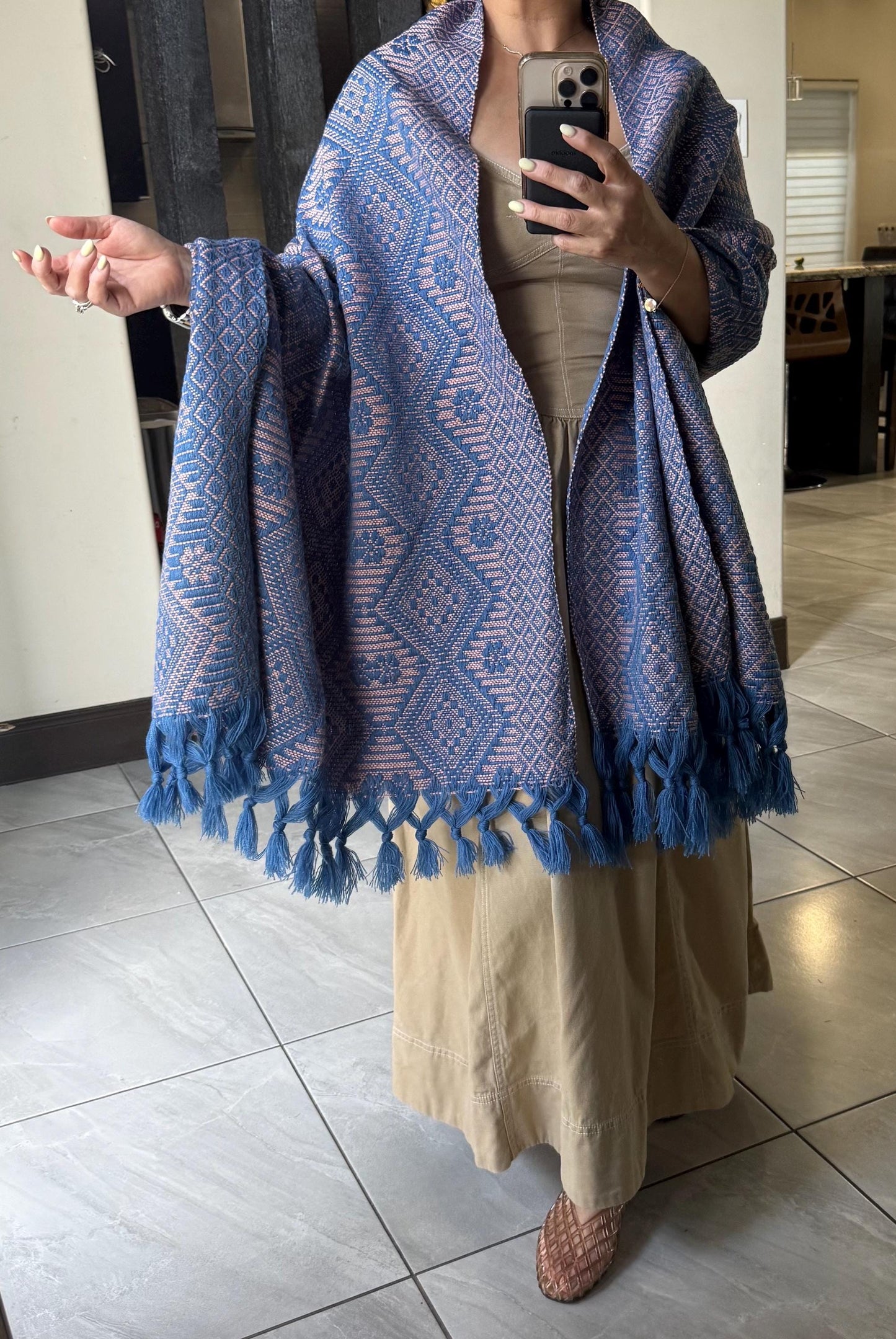 Traditional Mexican Rebozo |  blue | baby pink | Shawl from Puebla | Loom-Woven Shawl | 80x28 in | CasaArtMex