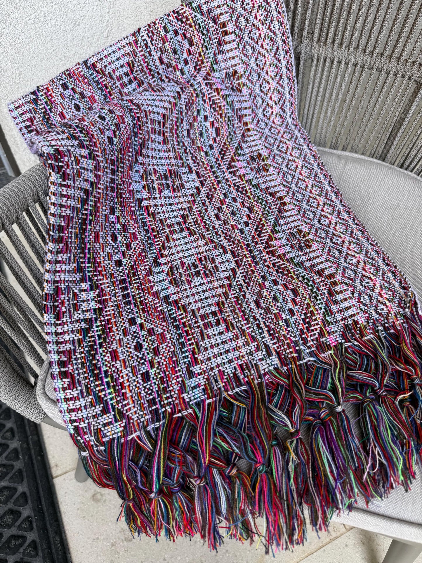Traditional Mexican Rebozo white | multicolor | rainbow | Shawl from Puebla | Loom-Woven Shawl | 80x28 in | CasaArtMex