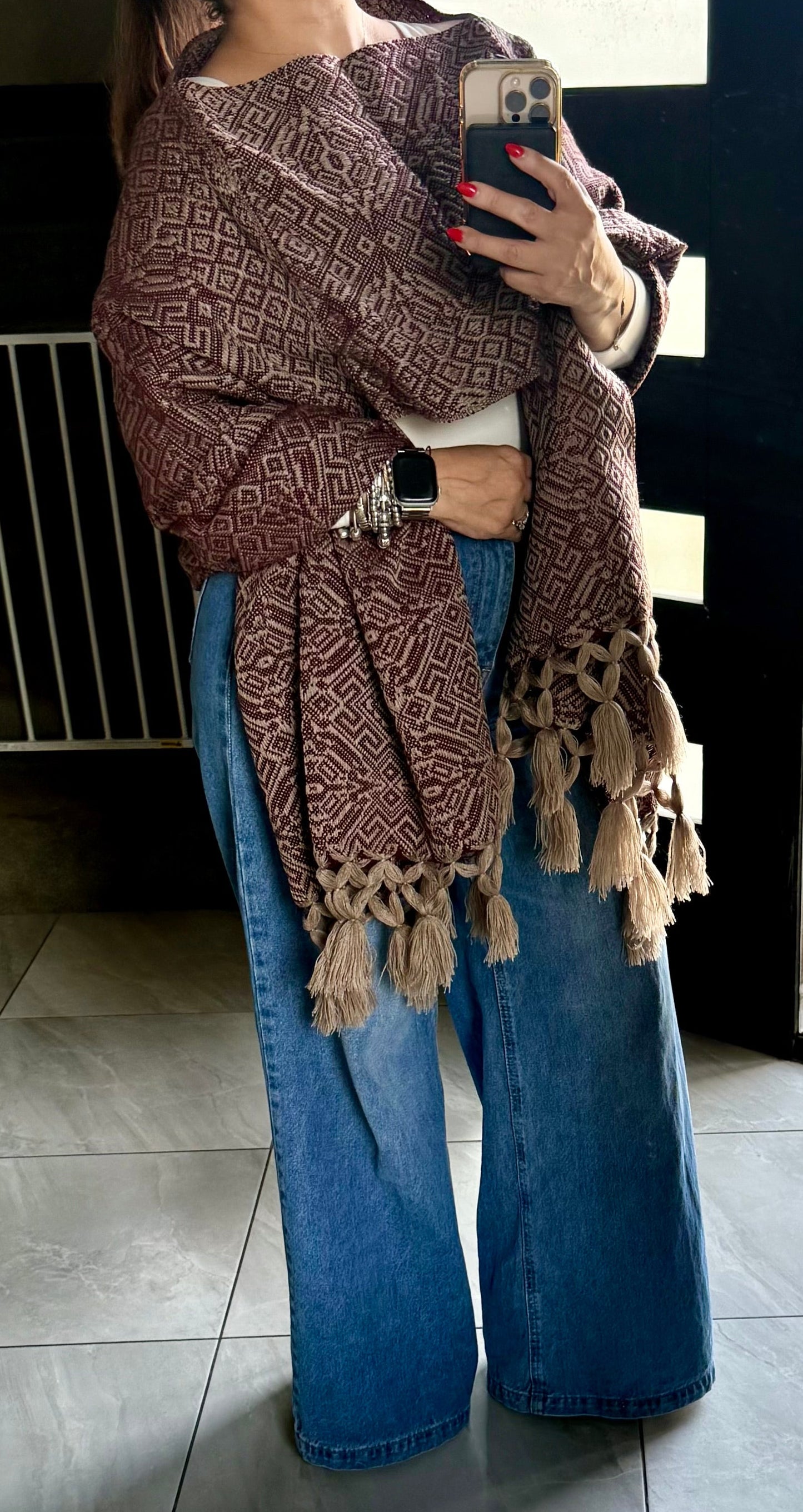 Handwoven Mexican Rebozo – Khaki and Burgundy Shawl from Puebla | 80x28 in | CasaArtMex