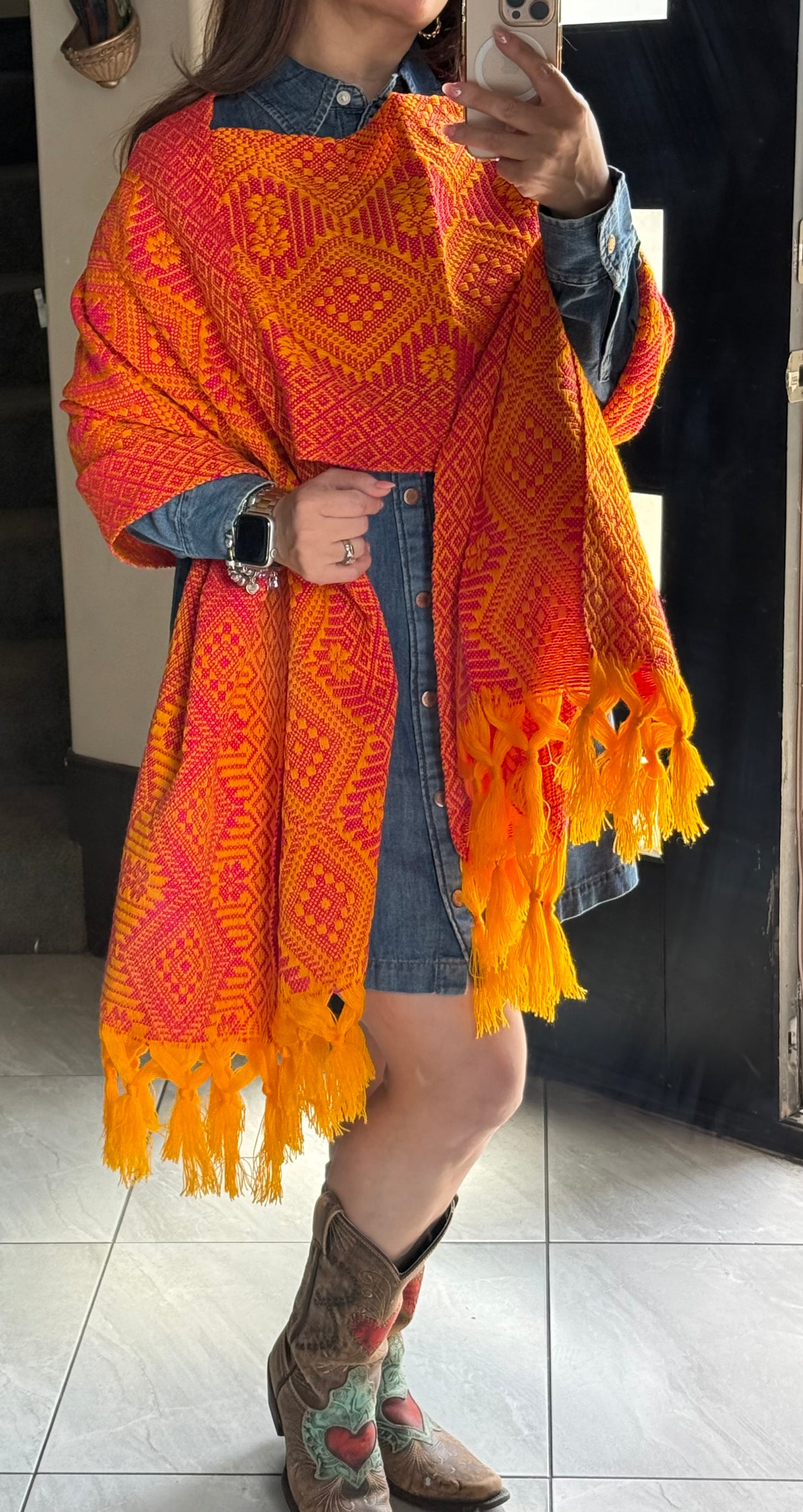 Mexican Woven Rebozo with Chest Panel – Artisan-Made Traditional Shawl – Unique Design (Copy)