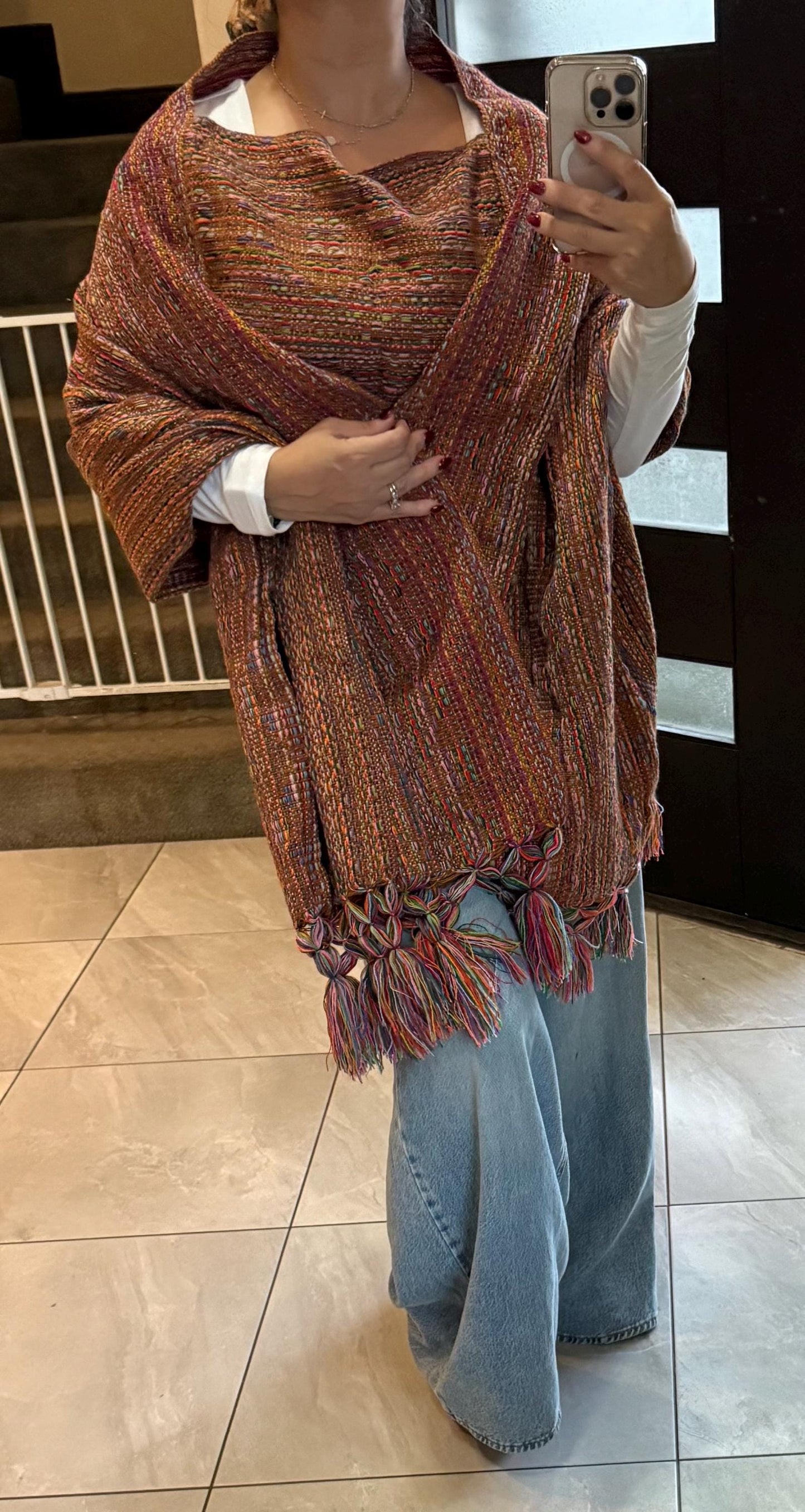 Mexican Rebozo with front panel – Ginger | Brown | Multicolor Shawl from Puebla | 80x28 in | CasaArtMex