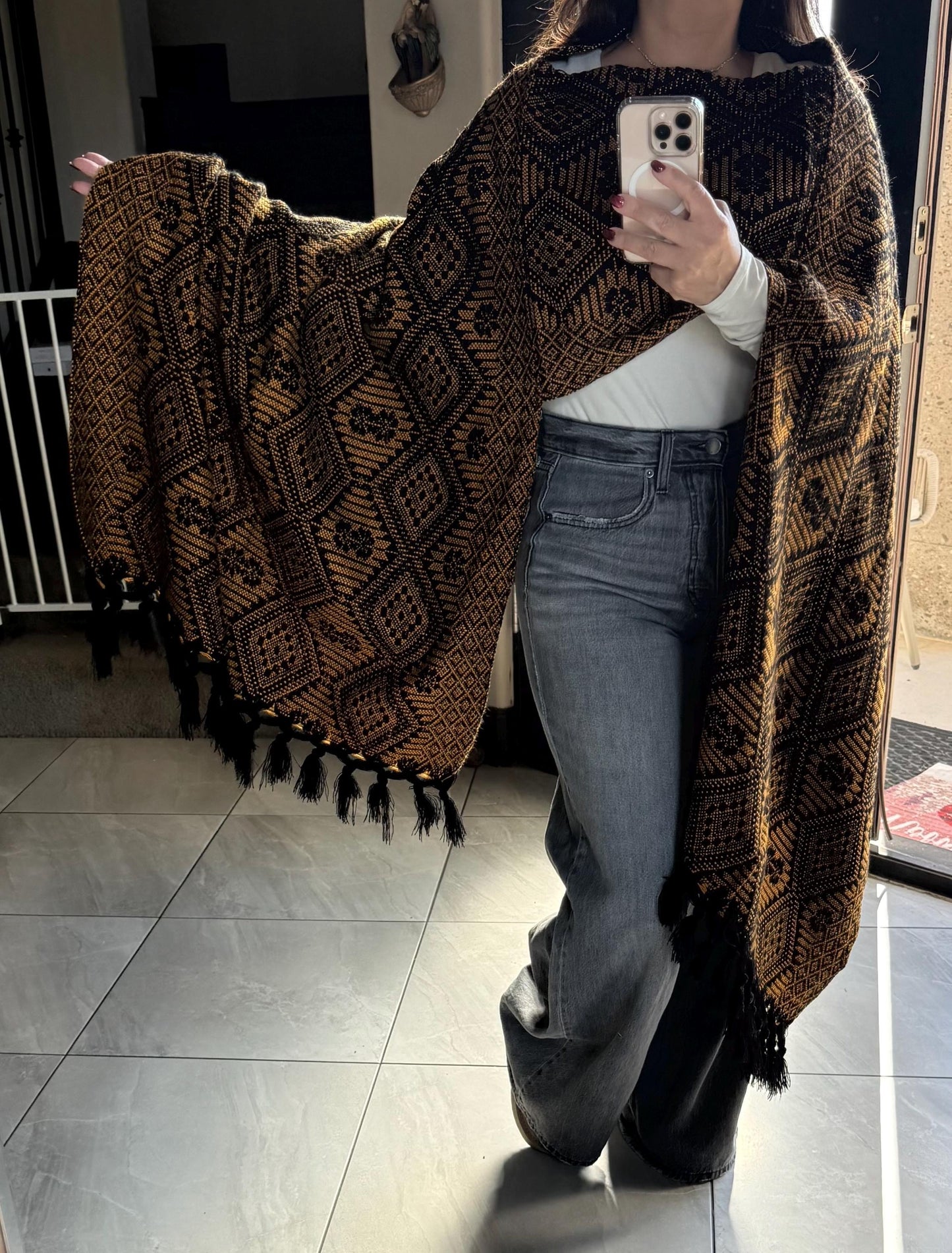 Handwoven Mexican Rebozo Shawl – Black & Yellow Puebla Scarf