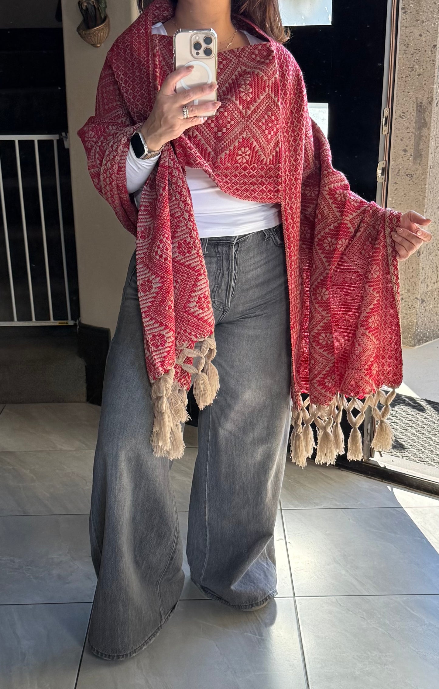 Handwoven Mexican Rebozo Shawl - Red & Khaki Artisan Wrap