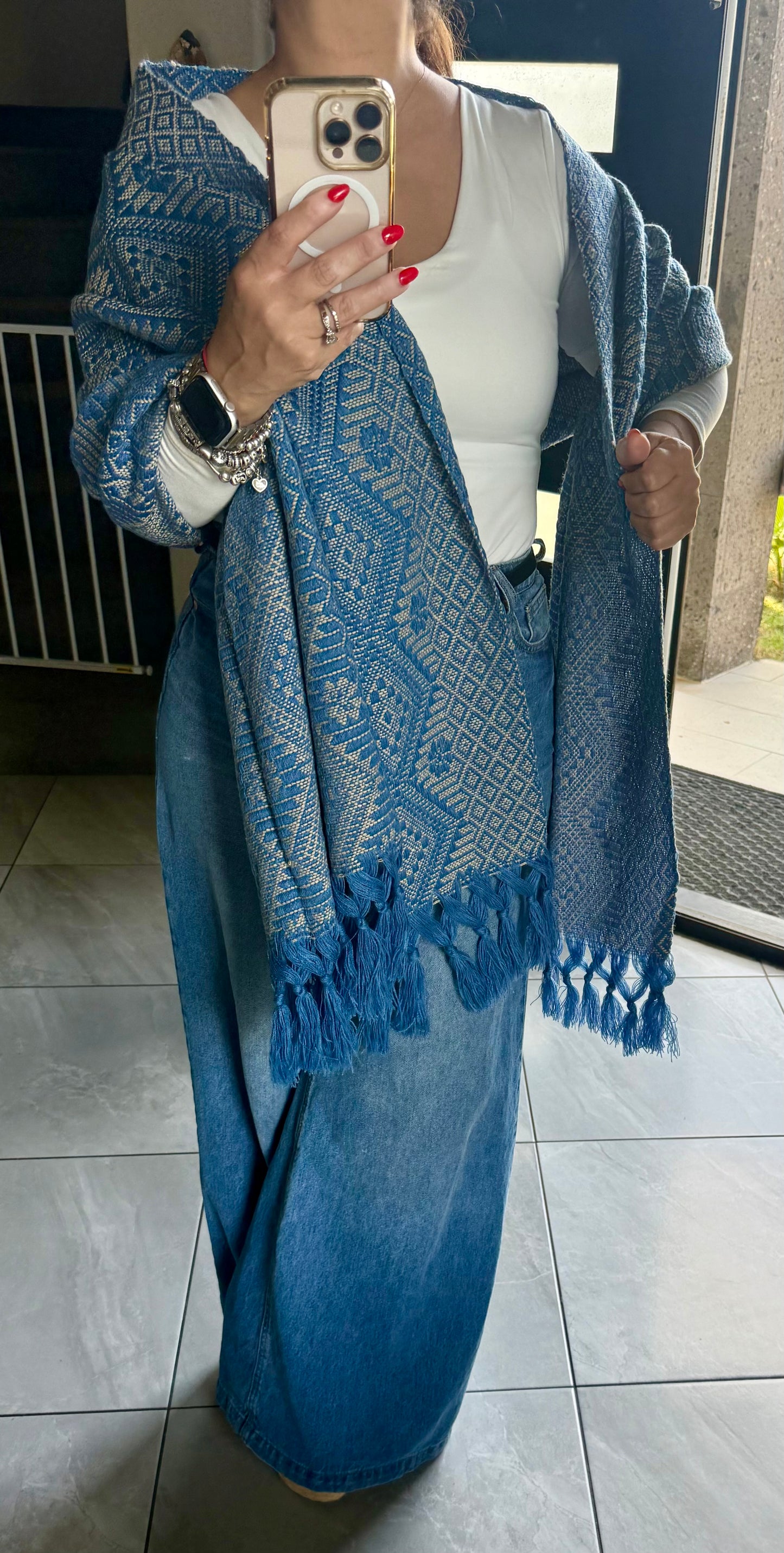 Traditional Handwoven Mexican Rebozo Shawl from Puebla | Blue & Ivory Shawl | 80x28 in | CasaArtMex (Copy)