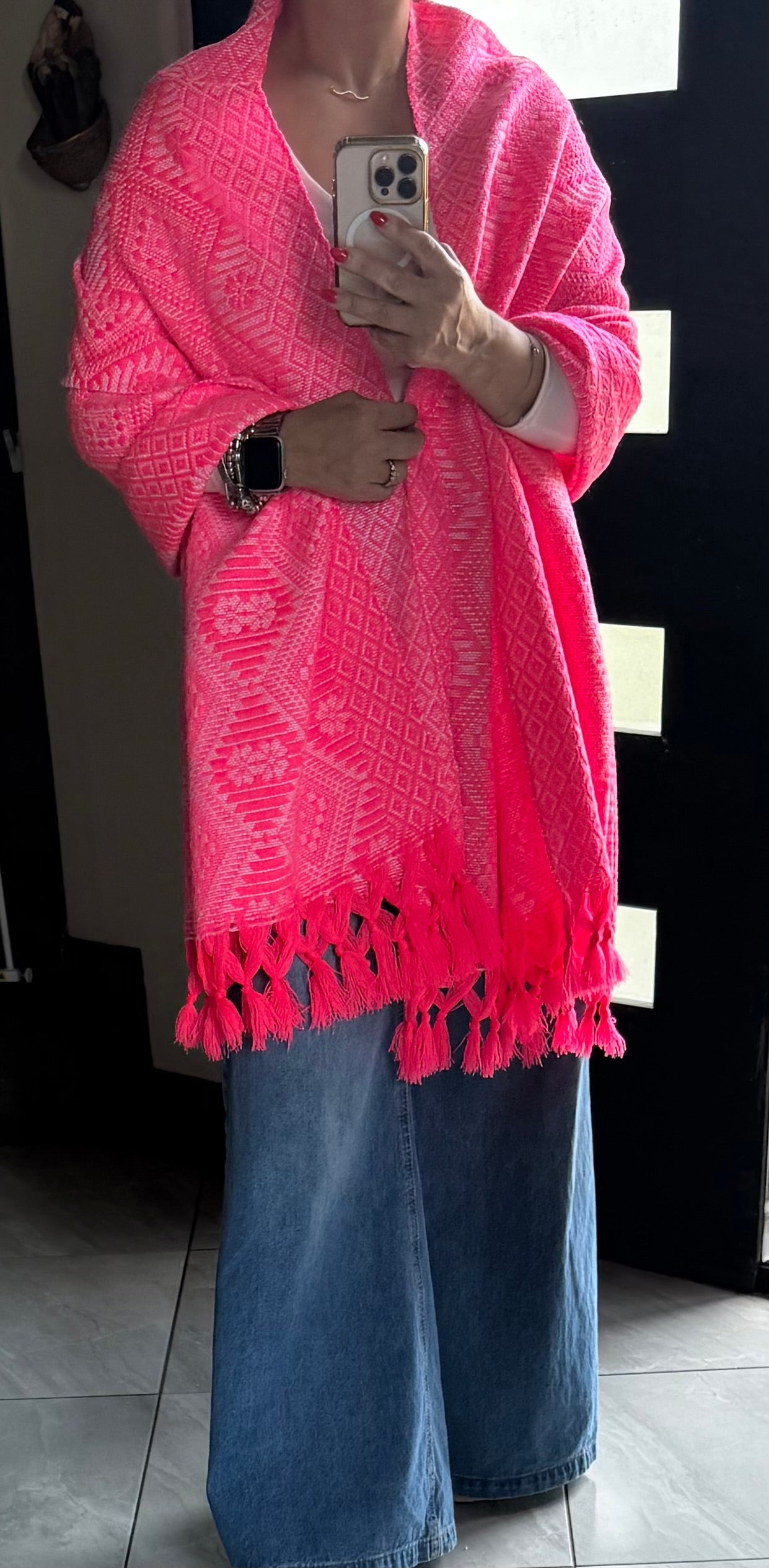 Mexican Rebozo Shawl Hot Pink & White Handwoven Artisan Wrap – Authentic Mexican Scarf from Puebla