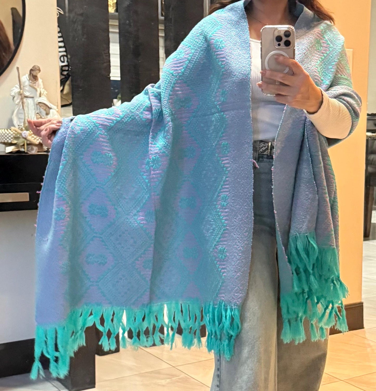 Mexican Rebozo Shawl Turquoise – Purple Handwoven Artisan Wrap – Authentic Mexican Scarf from Puebla