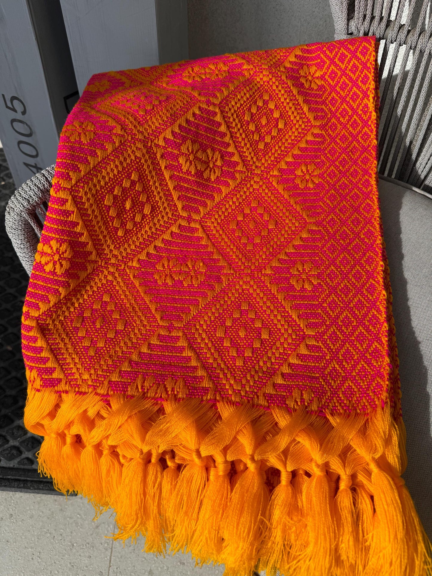 Handwoven Mexican Rebozo with pechera – Pink  | yellow |  Shawl from Puebla | 80x28 in | CasaArtMex