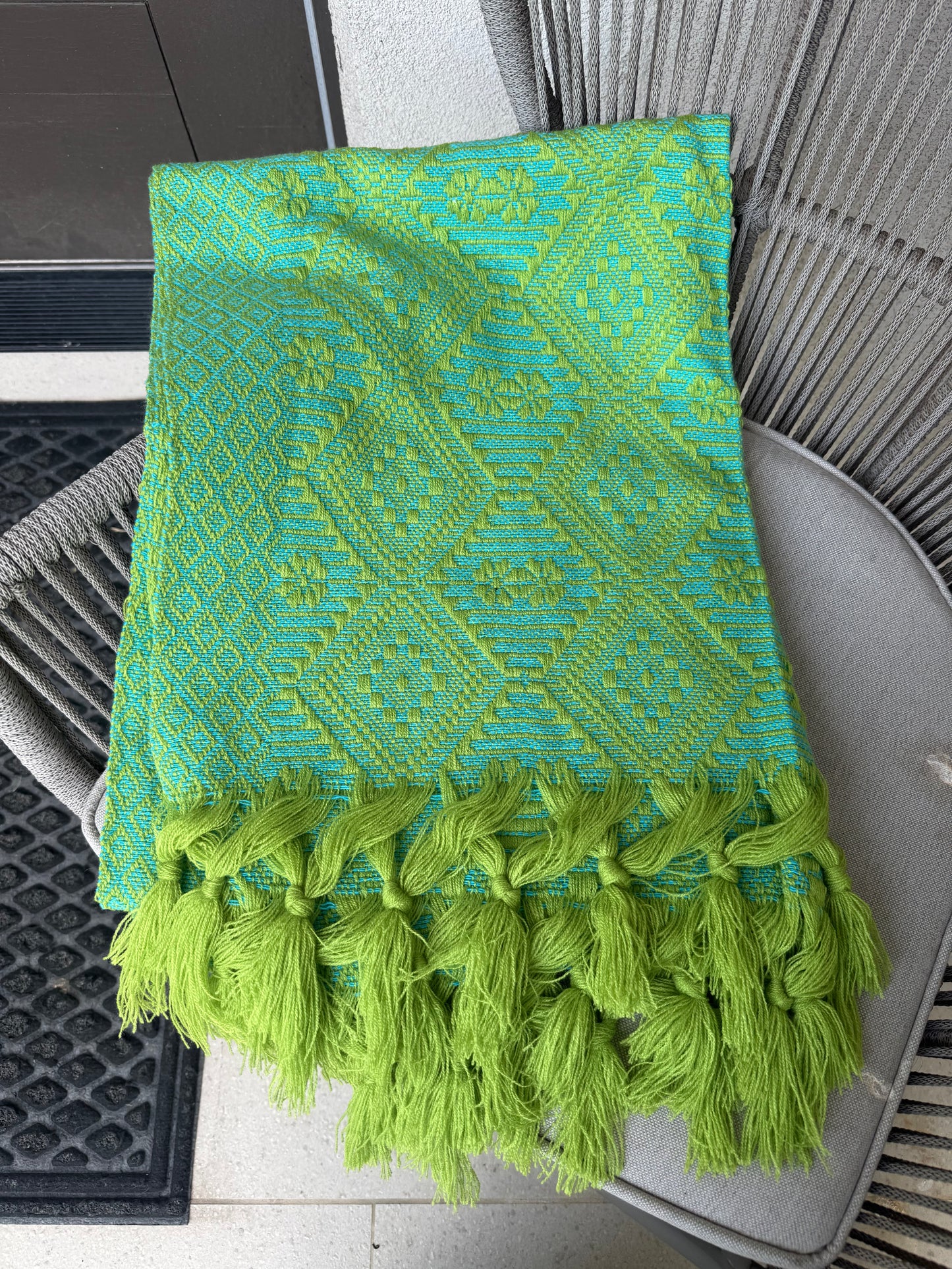 Mexican Rebozo Shawl Green & Turquoise Handwoven Artisan Wrap – Authentic Mexican Scarf from Puebla