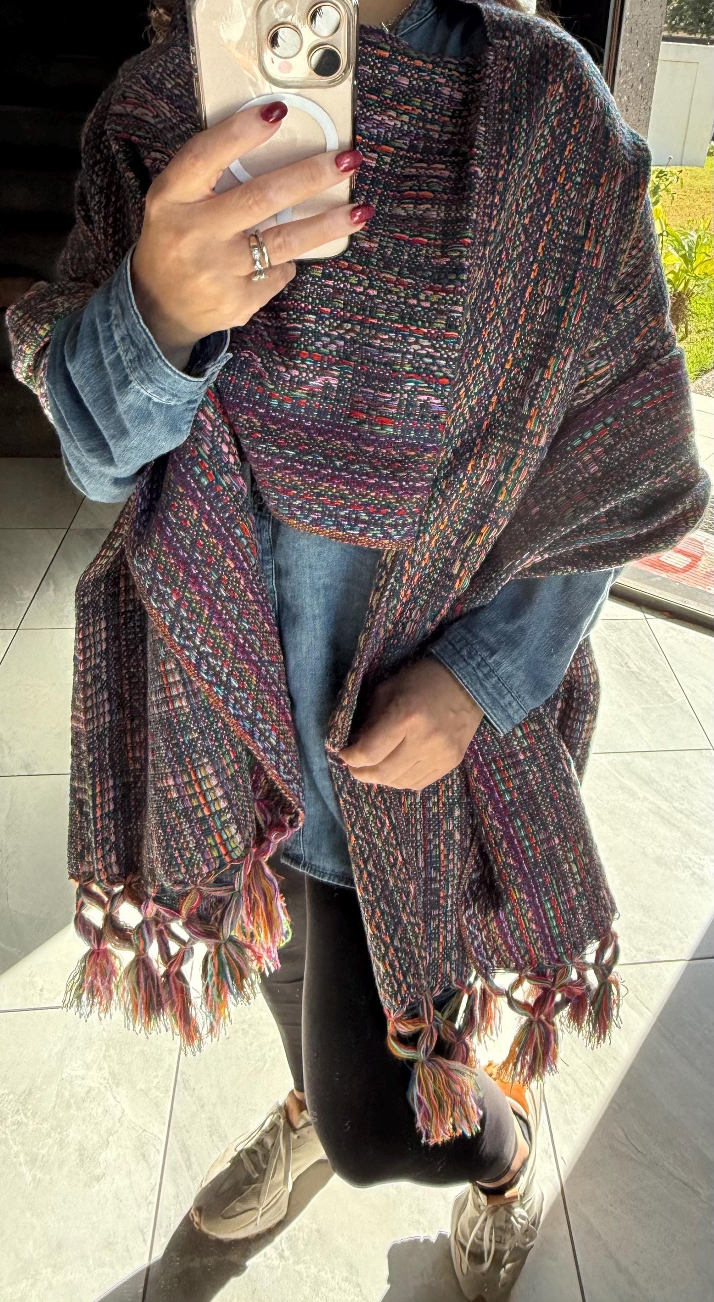 Mexican Rebozo with front panel – Dark Blue |  Multicolor Shawl from Puebla | 80x28 in | CasaArtMex