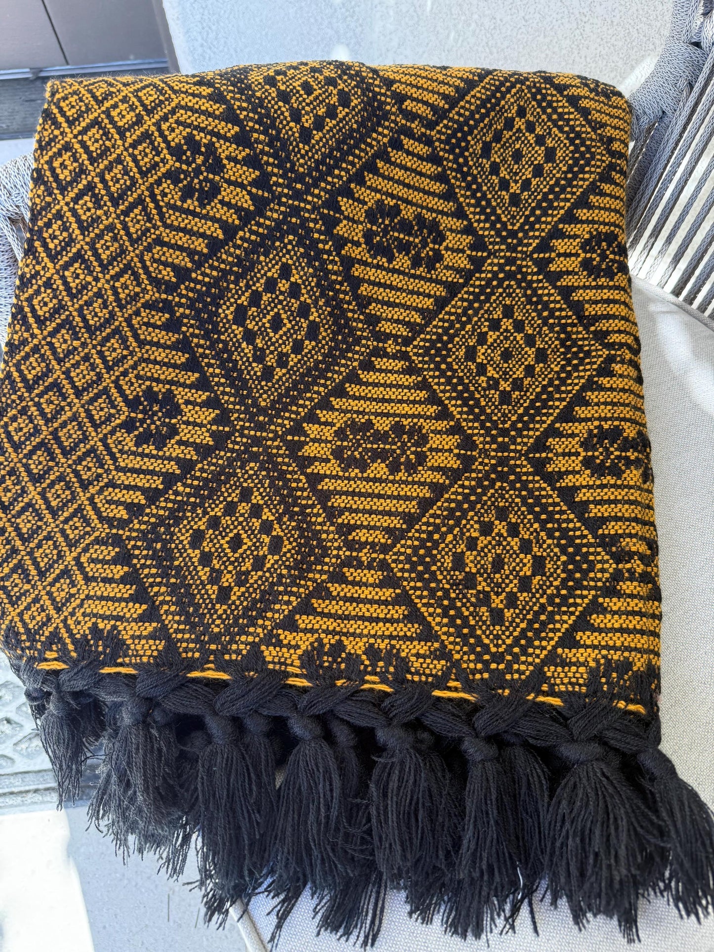Handwoven Mexican Rebozo Shawl – Black & Yellow Puebla Scarf