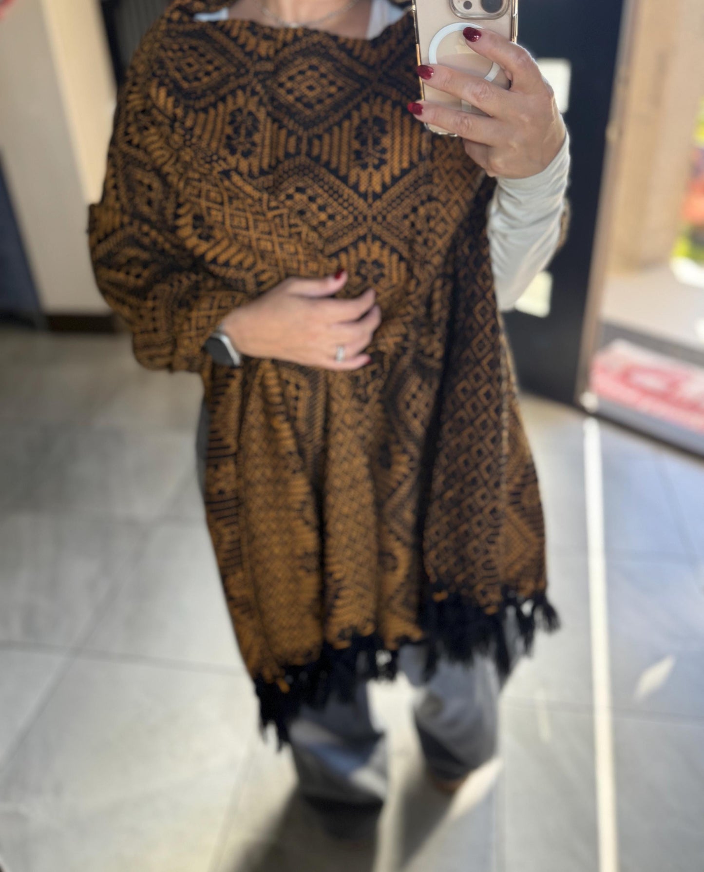 Handwoven Mexican Rebozo Shawl – Black & Yellow Puebla Scarf