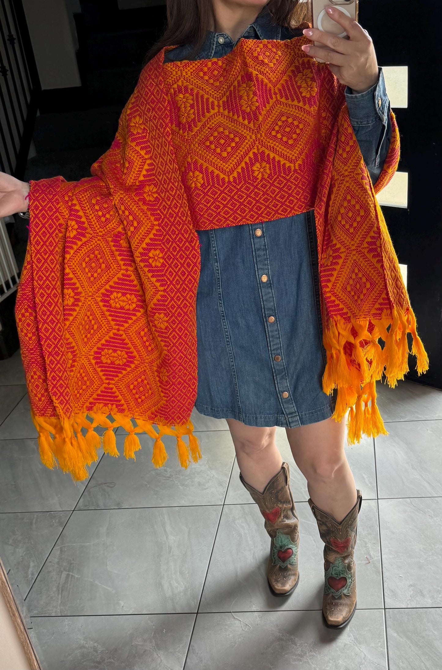 Handwoven Mexican Rebozo with pechera – Pink  | yellow |  Shawl from Puebla | 80x28 in | CasaArtMex