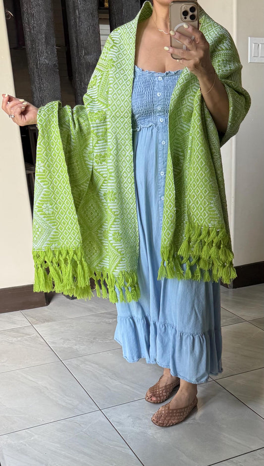 Traditional Mexican Rebozo green | white | Shawl from Puebla | Loom-Woven Shawl | 80x28 in | CasaArtMex