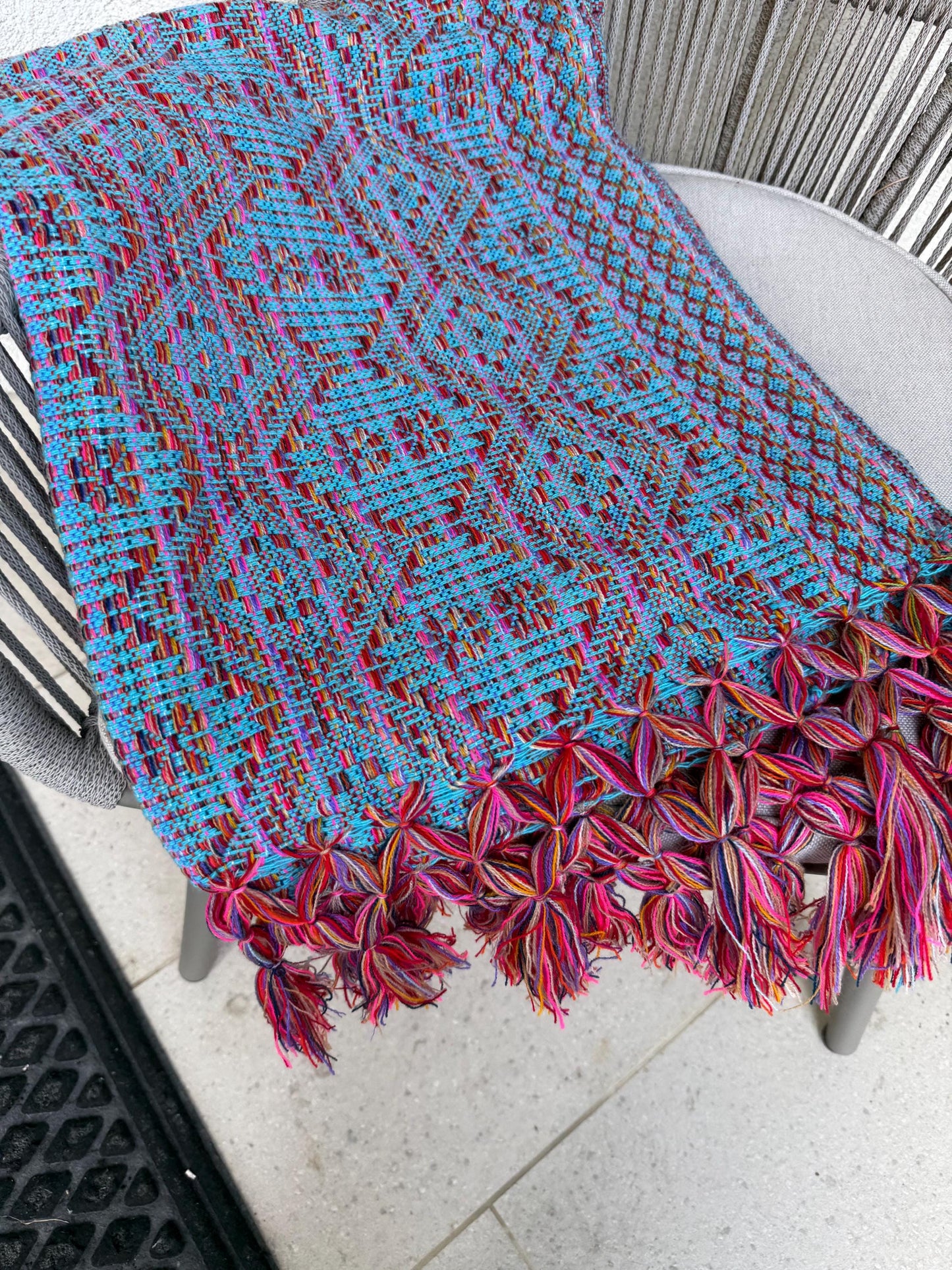 Mexican Rebozo with front panel – Turquoise Multicolor Shawl from Puebla | 80x28 in | CasaArtMex