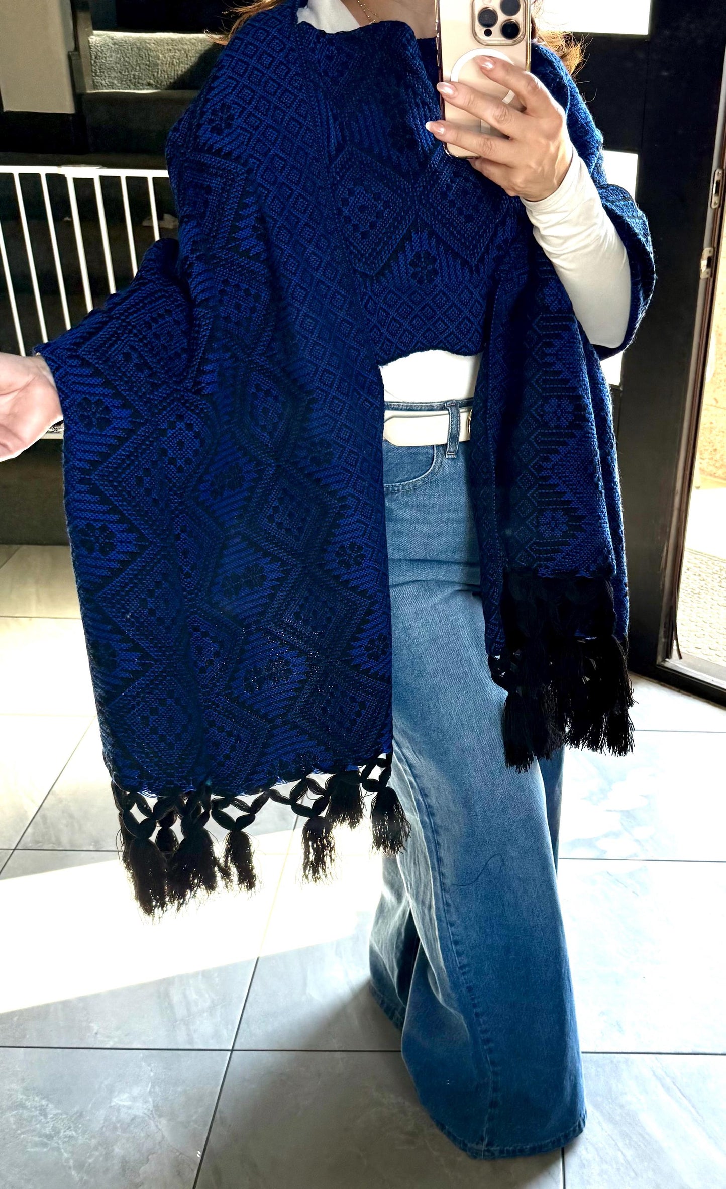 Handwoven Mexican Rebozo Shawl - Black & Blue Artisan Wrap