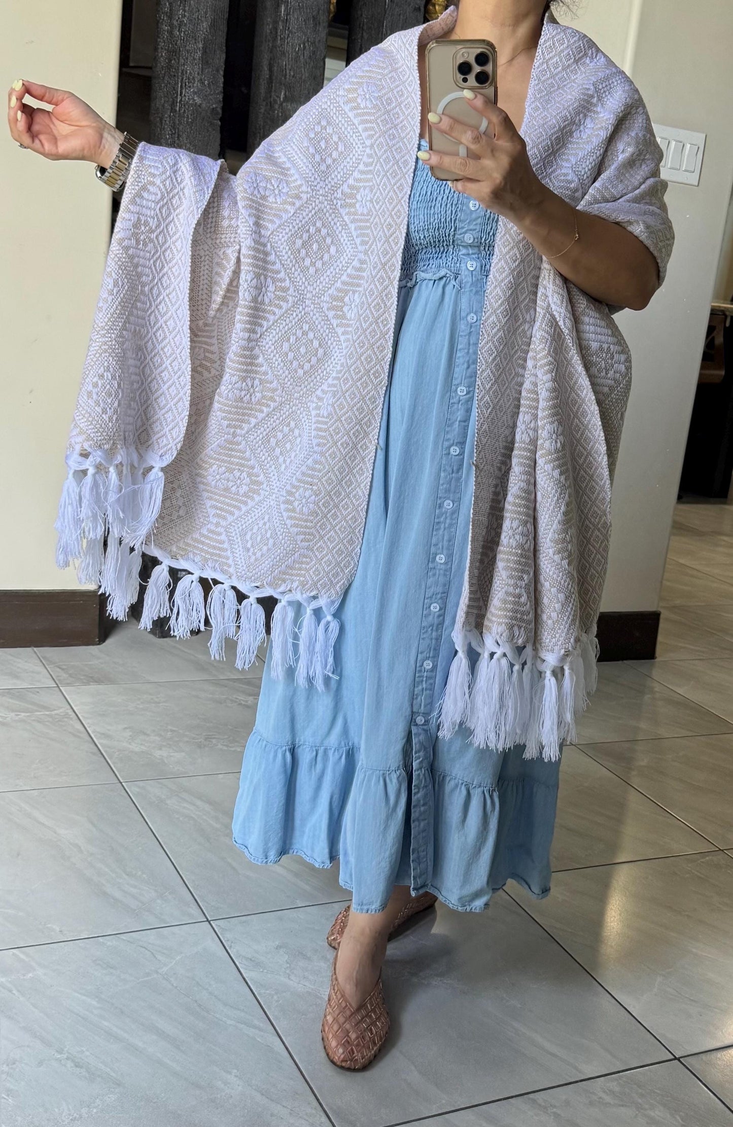 Traditional Handwoven Mexican Rebozo Shawl from Puebla |White & Khaki Loom-Woven Shawl | 80x28 in | CasaArtMex