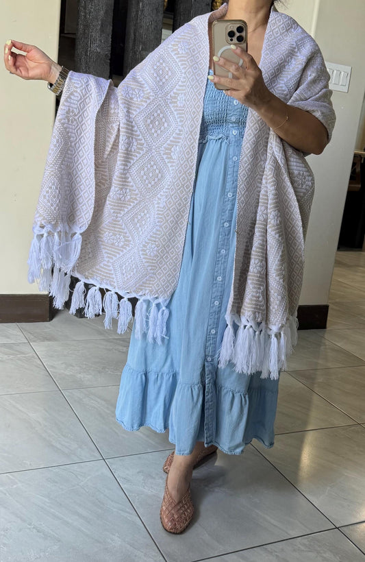 Traditional Handwoven Mexican Rebozo Shawl from Puebla |White & Khaki Loom-Woven Shawl | 80x28 in | CasaArtMex