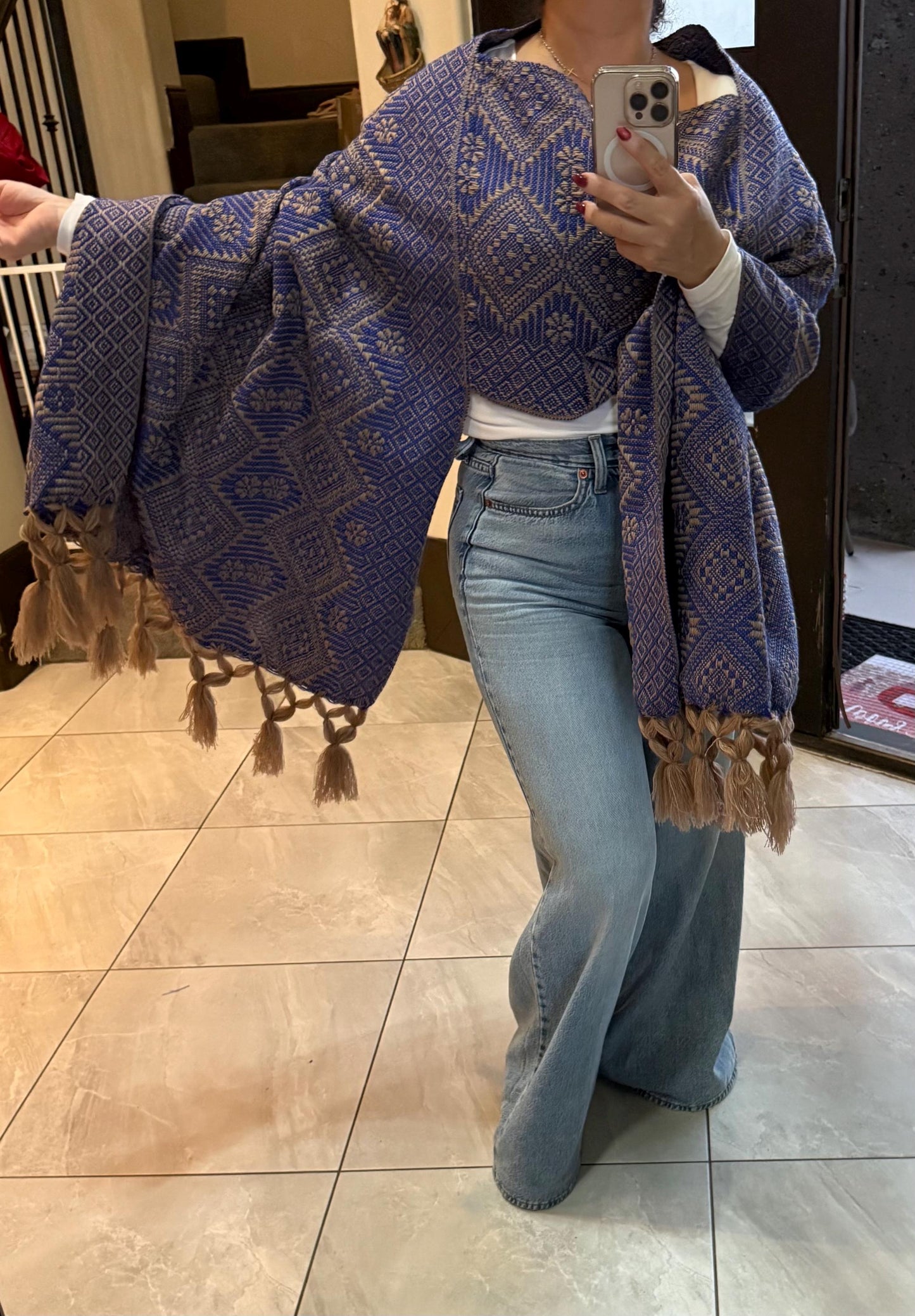 Handwoven Mexican Rebozo – Royal Blue  & Khaki Shawl from Puebla | 80x28 in | CasaArtMex