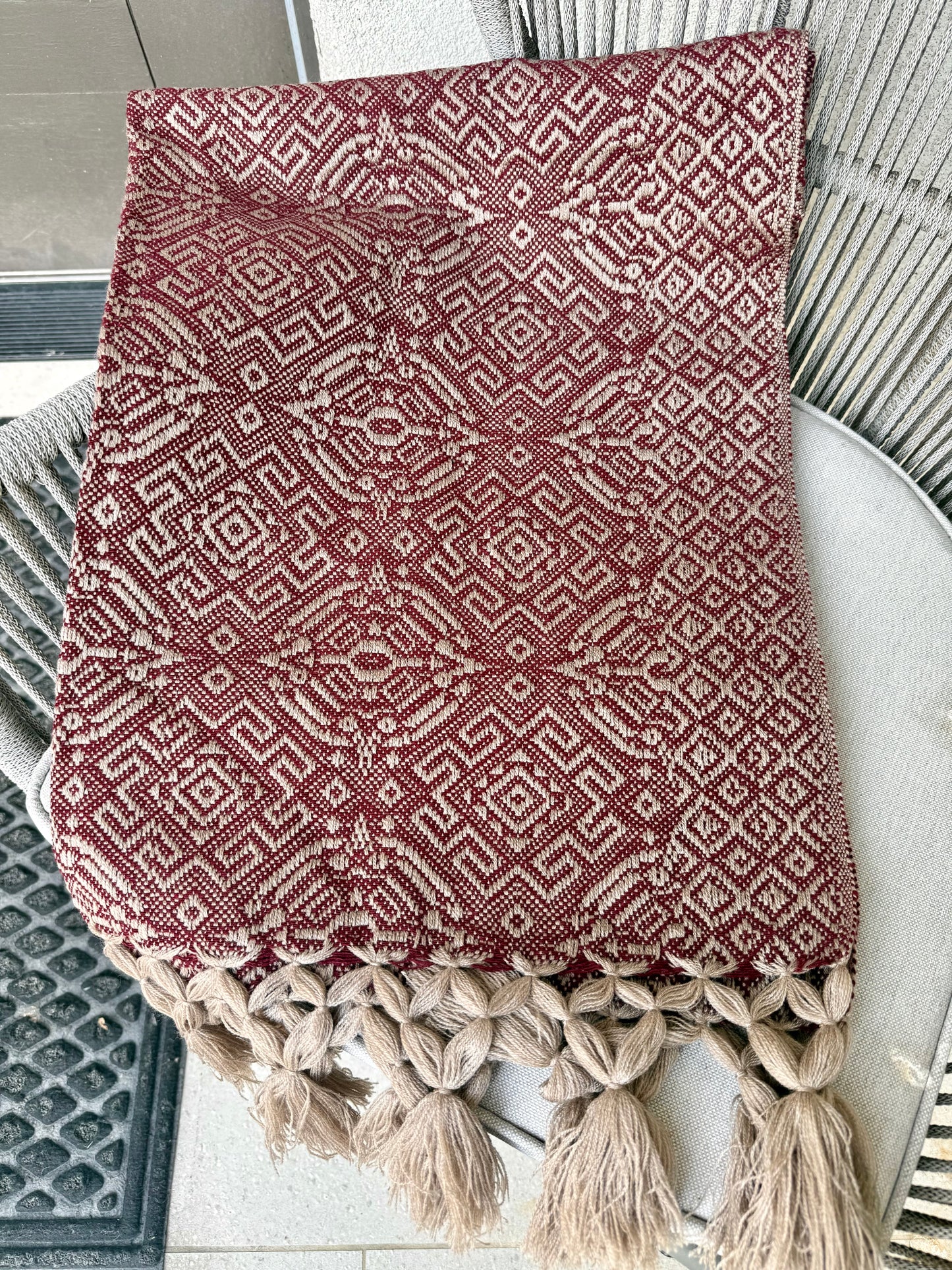 Handwoven Mexican Rebozo – Khaki and Burgundy Shawl from Puebla | 80x28 in | CasaArtMex