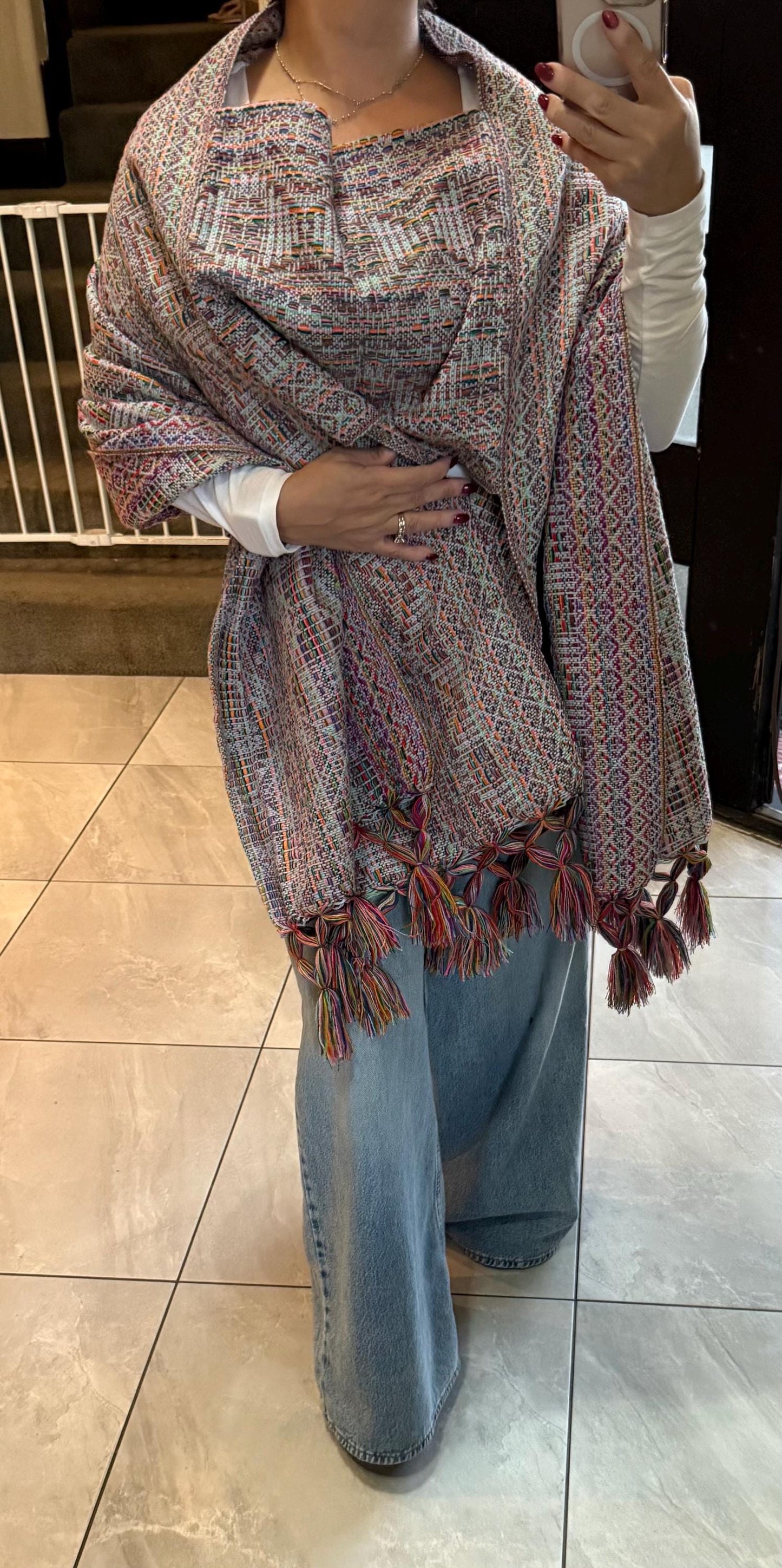 Mexican Rebozo with front panel –  Baby blue Multicolor Shawl from Puebla | 80x28 in | CasaArtMex