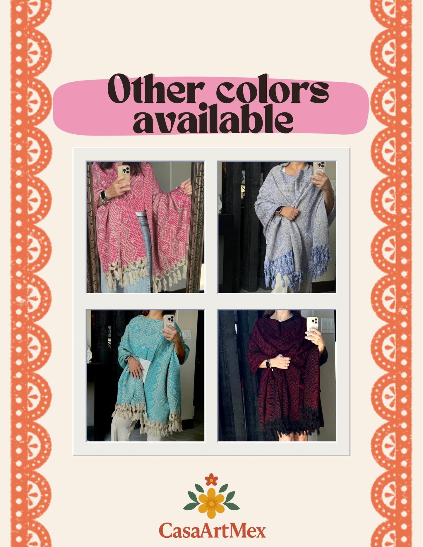 Mexican Rebozo  with front panel – Rosa Mexicano | Multicolor Shawl from Puebla | 80x28 in | CasaArtMex