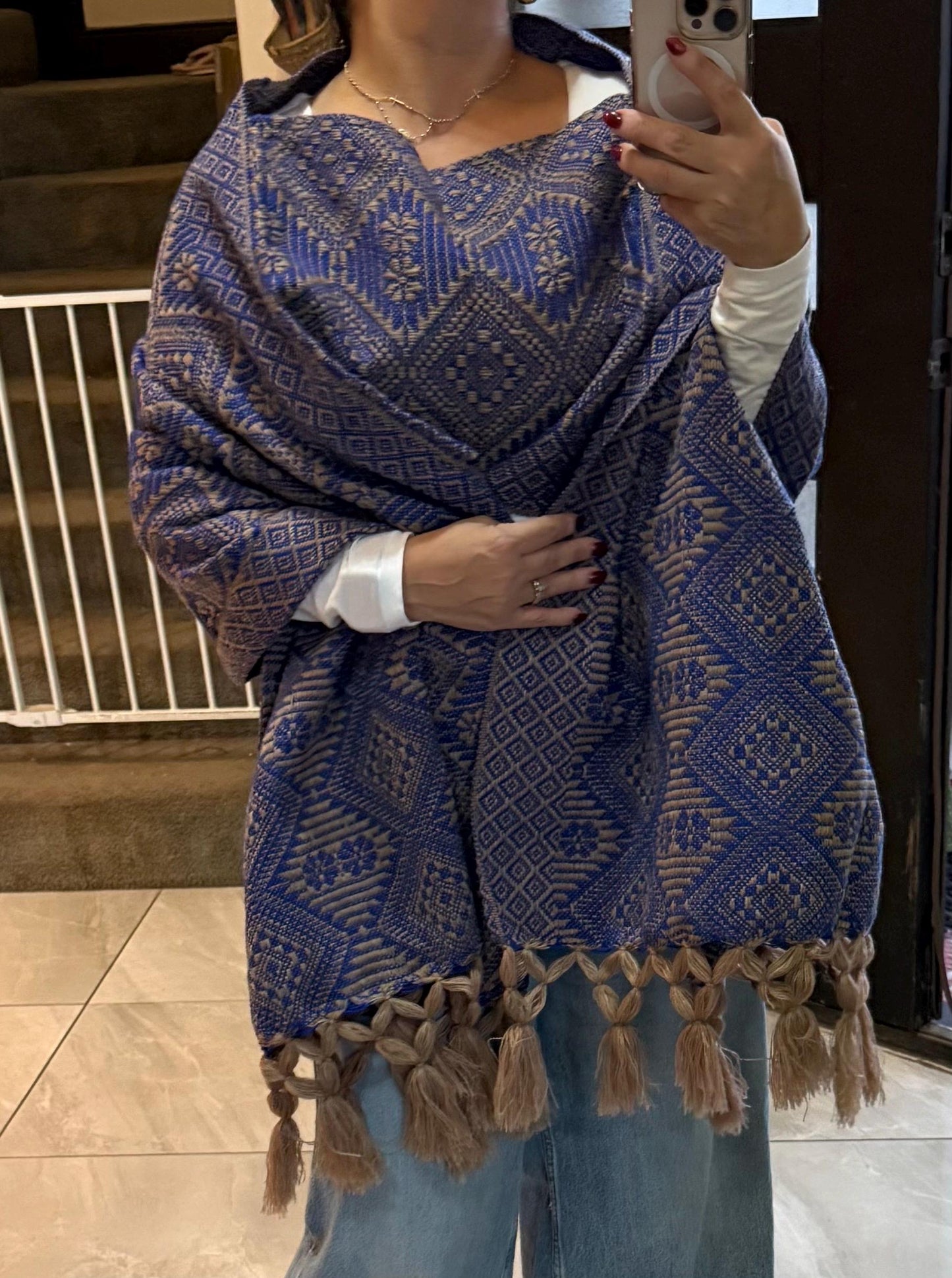 Handwoven Mexican Rebozo – Royal Blue  & Khaki Shawl from Puebla | 80x28 in | CasaArtMex