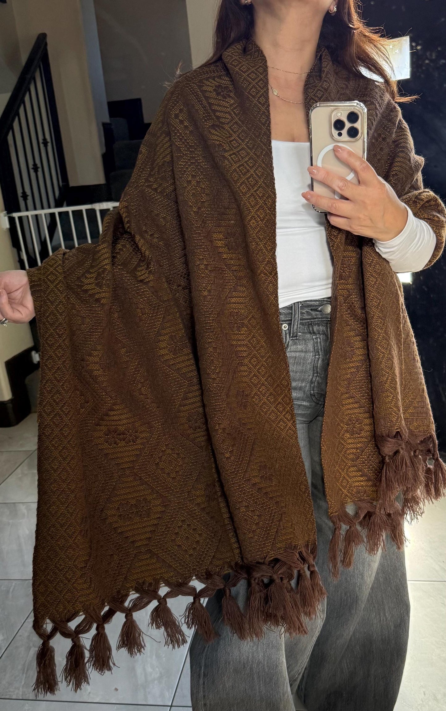 Handwoven Mexican Rebozo Shawl | Brown & Yellow Loom-Woven Wrap