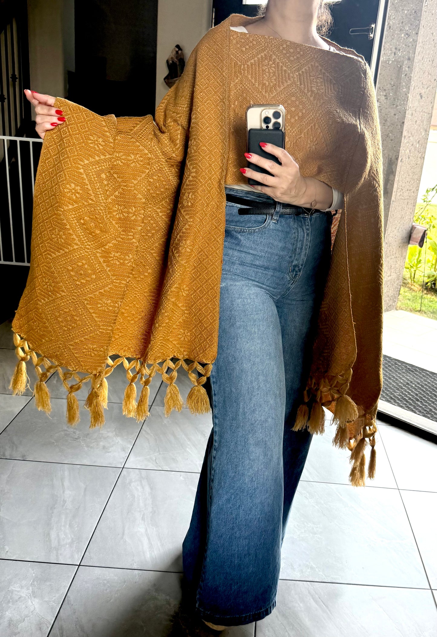 Handwoven Mexican Rebozo – Mustard Shawl from Puebla | 80x28 in | CasaArtMex
