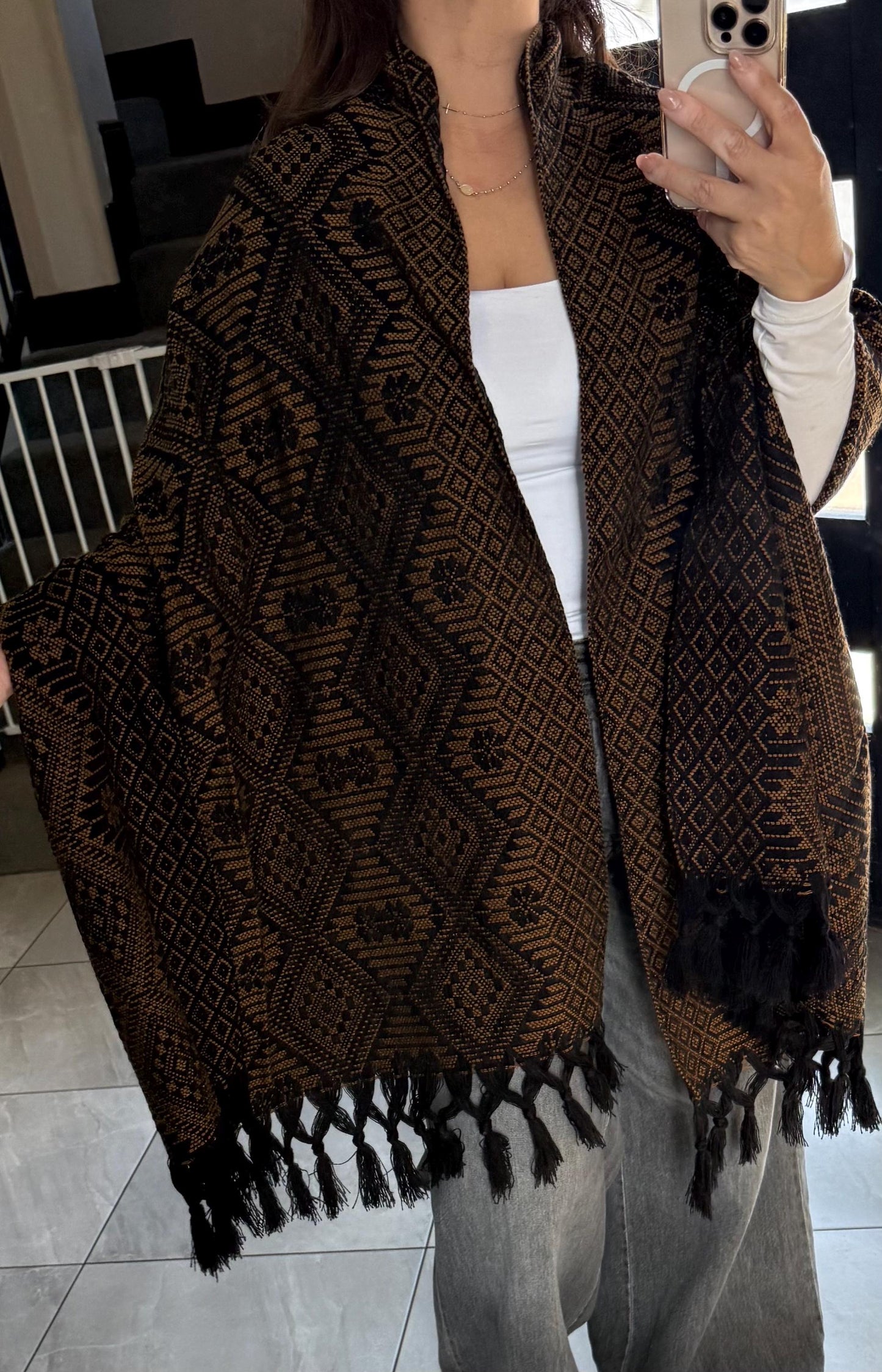 Handwoven Mexican Rebozo Shawl | Black & brown | Traditional Loom-Woven from Puebla – 80x28 in – CasaArtMex