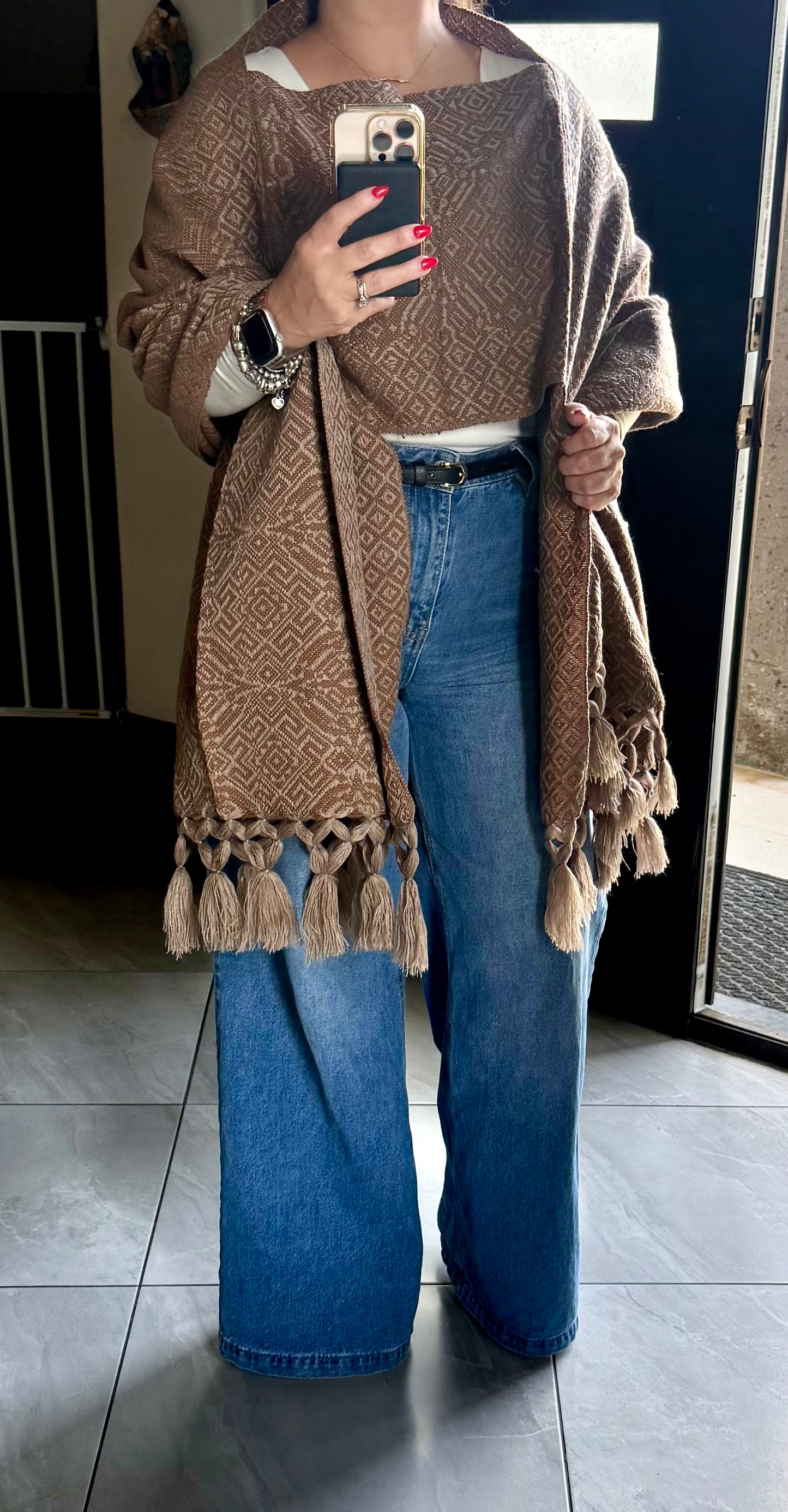 Handwoven Mexican Rebozo – Khaki and Brown Shawl from Puebla | 80x28 in | CasaArtMex