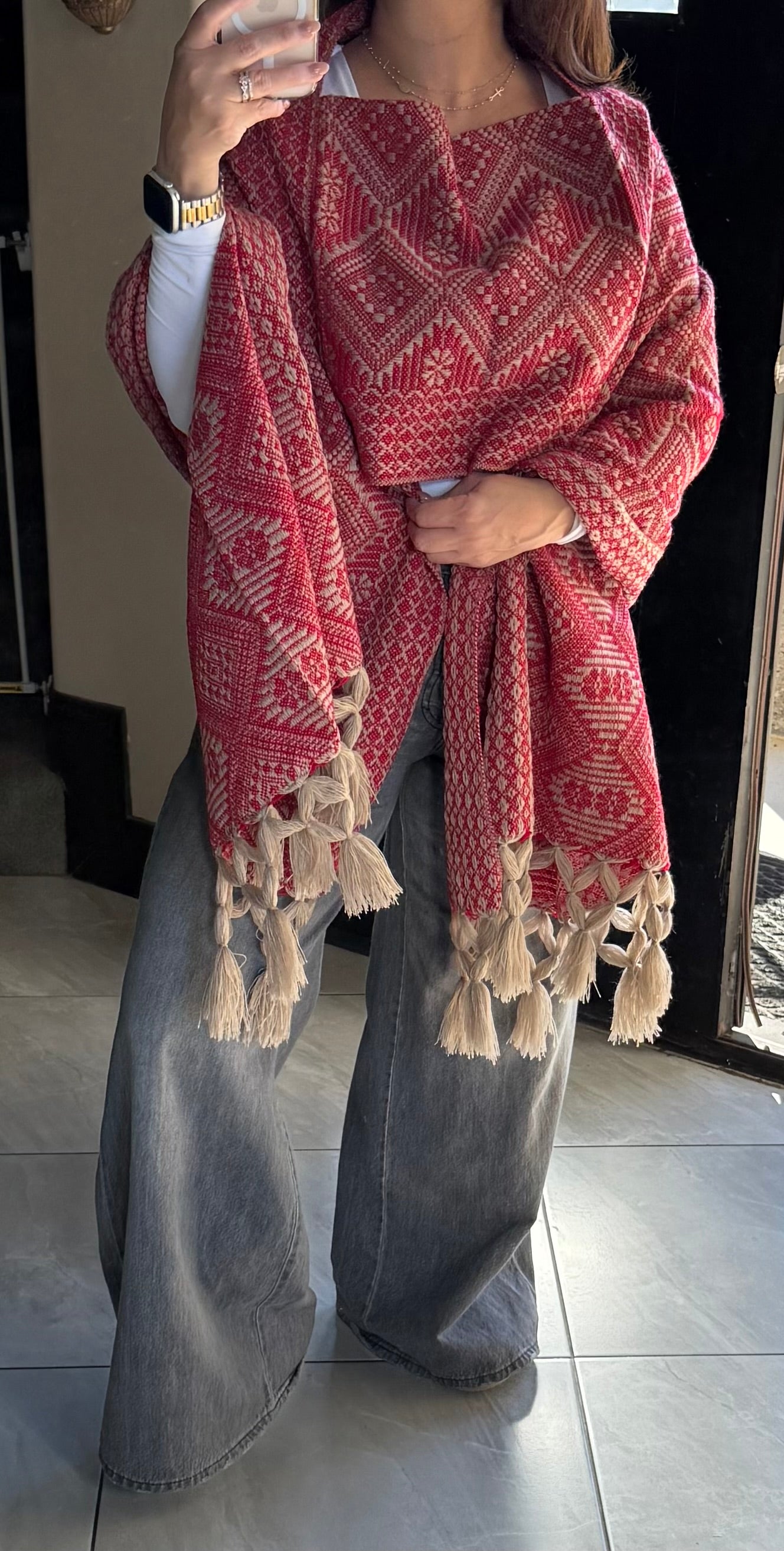 Handwoven Mexican Rebozo Shawl - Red & Khaki Artisan Wrap