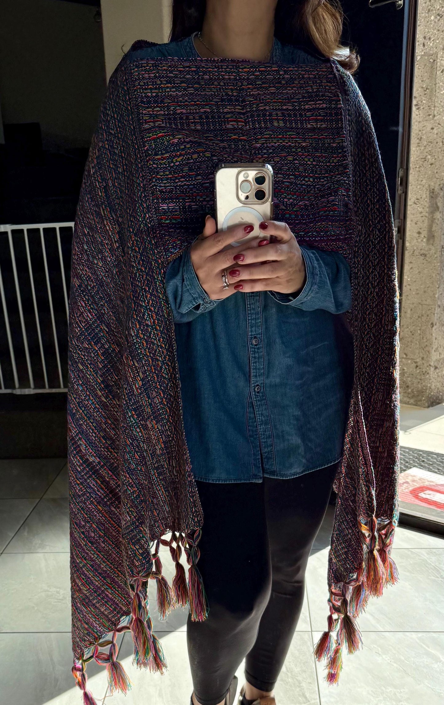 Mexican Rebozo with front panel – Dark Blue |  Multicolor Shawl from Puebla | 80x28 in | CasaArtMex
